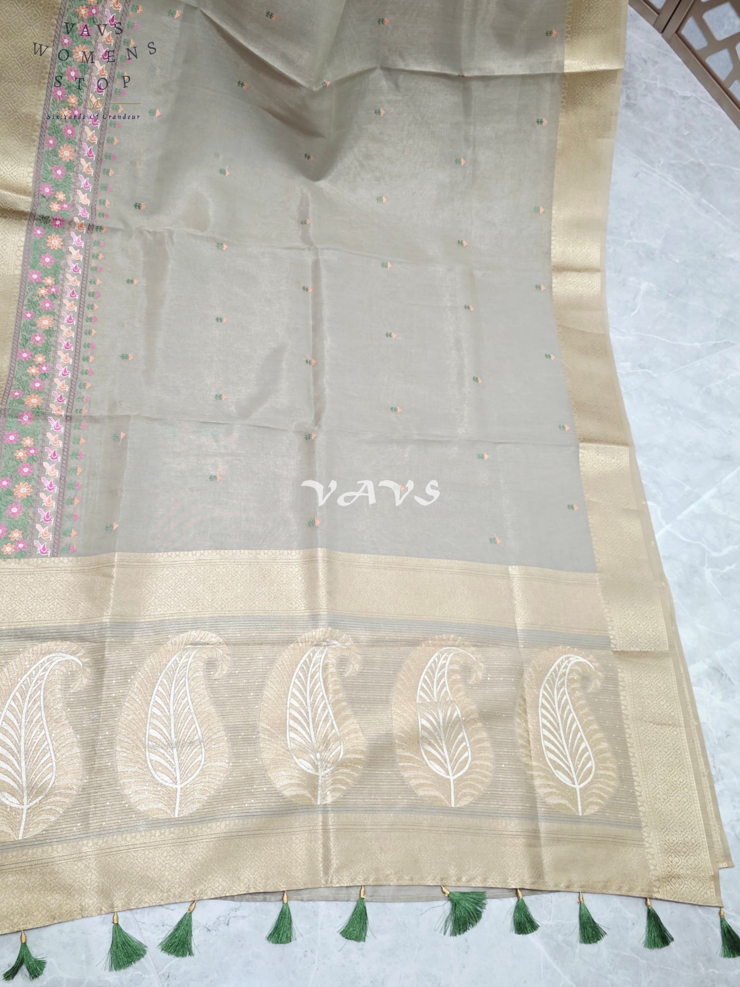 Pearl Sea Green Soft Tissue Cotton Style Embroidered Saree with Champagne Gold Border & Stepped Puff Blouse Size 38, Extendable to 44