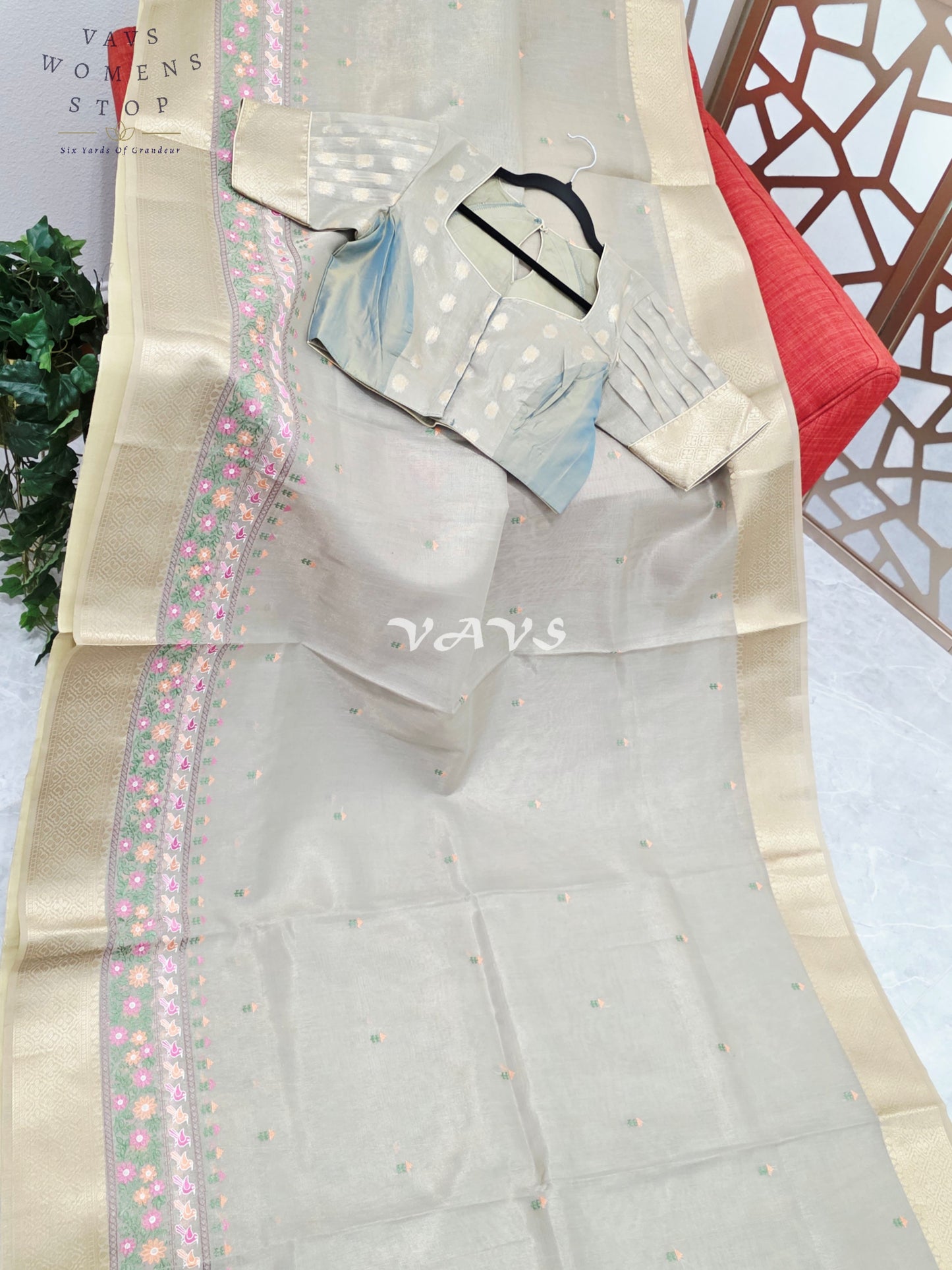 Pearl Sea Green Soft Tissue Cotton Style Embroidered Saree with Champagne Gold Border & Stepped Puff Blouse Size 38, Extendable to 44