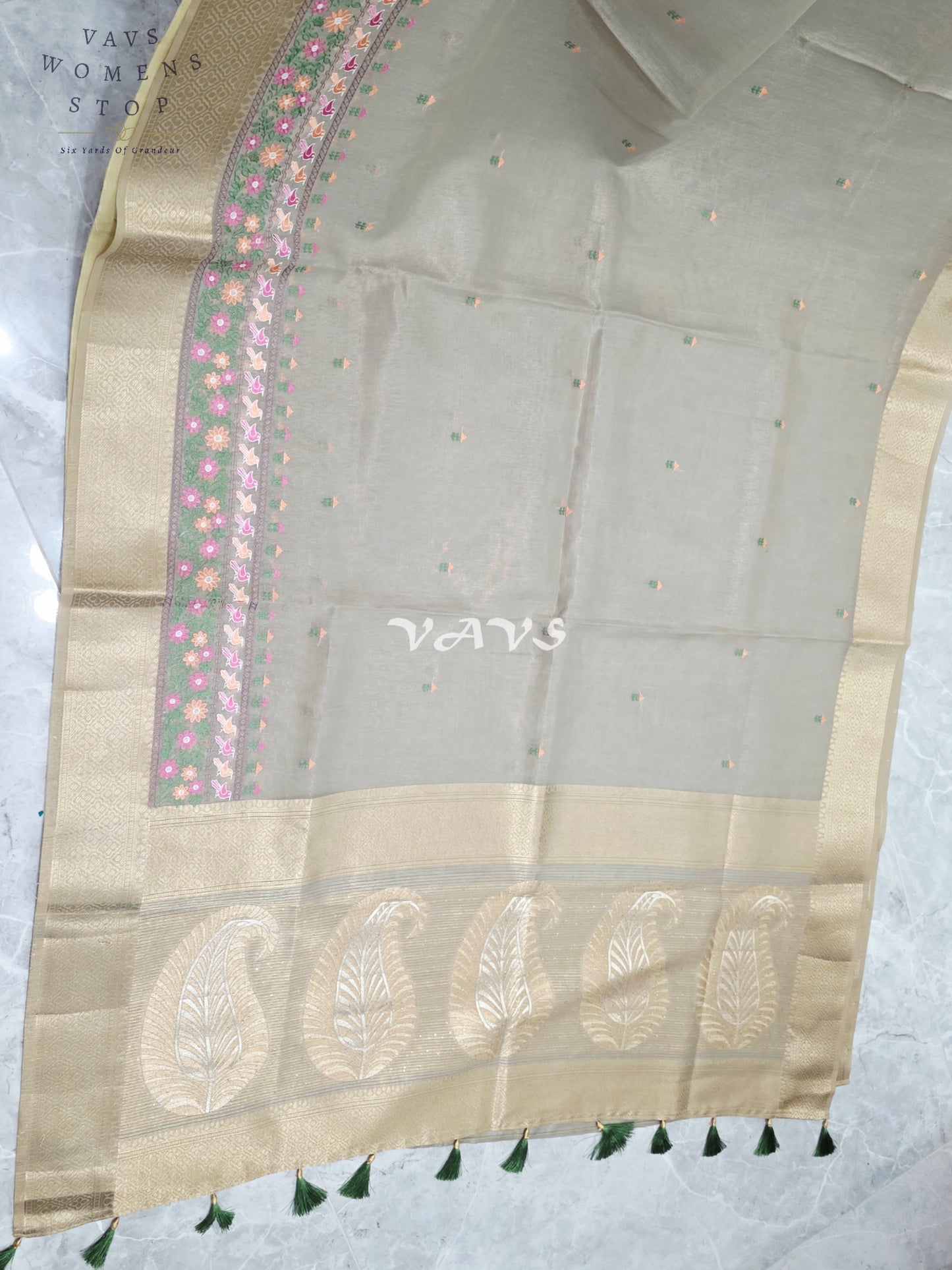 Pearl Sea Green Soft Tissue Cotton Style Embroidered Saree with Champagne Gold Border & Stepped Puff Blouse Size 38, Extendable to 44
