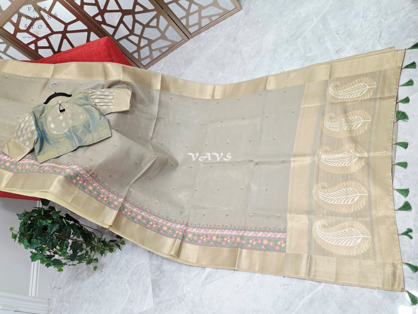 Pearl Sea Green Soft Tissue Cotton Style Embroidered Saree with Champagne Gold Border & Stepped Puff Blouse Size 38, Extendable to 44