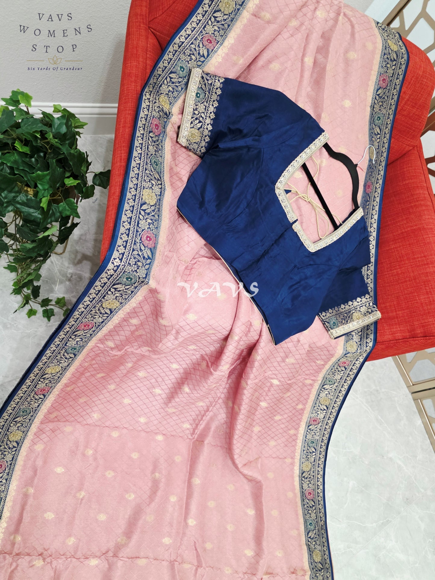 Blush Rose Pink Pure Munga Crepe Silk Saree with Midnight Navy Floral Border & Stitched Blouse Size 42, Extendable to 48