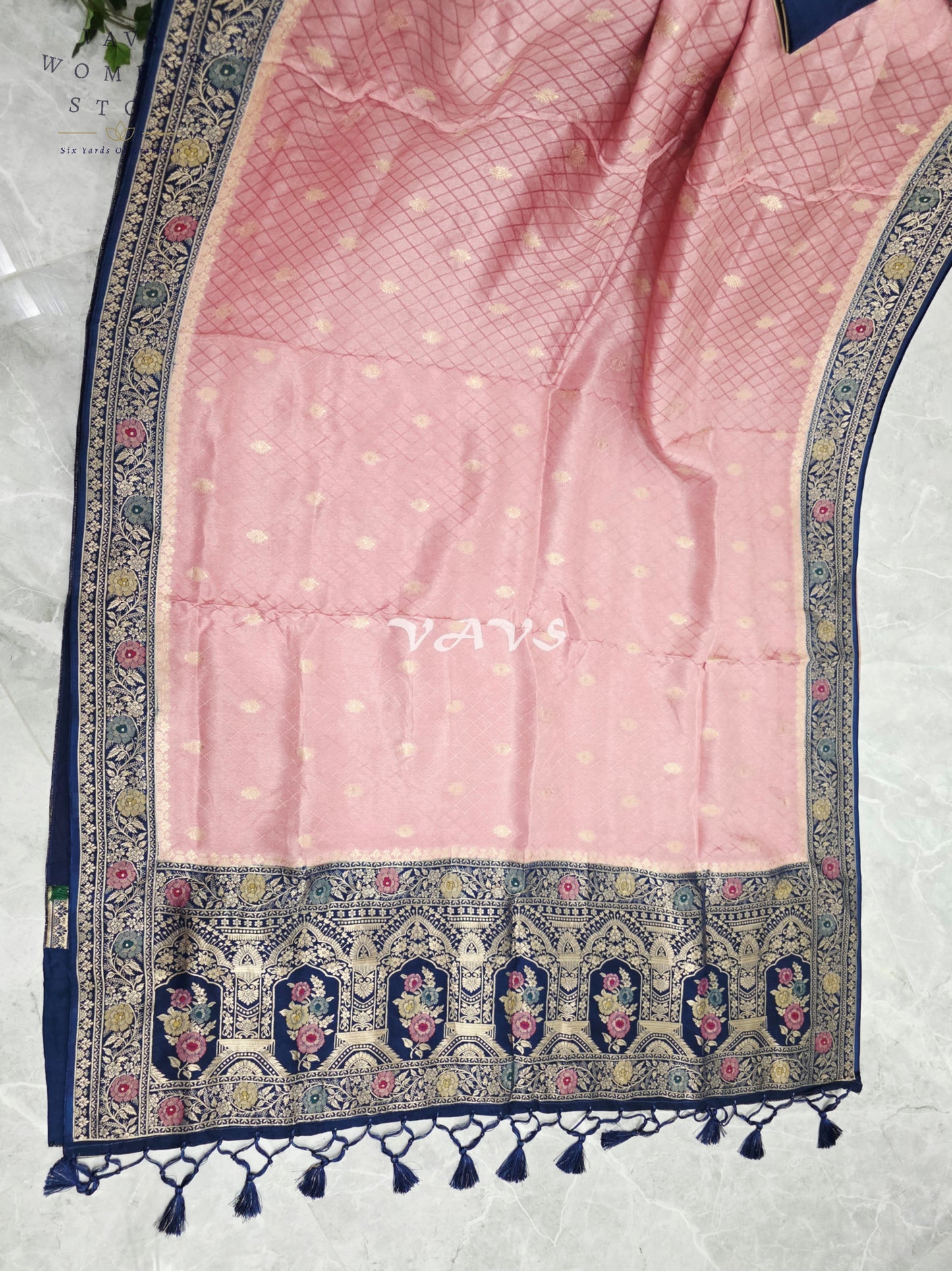 Blush Rose Pink Pure Munga Crepe Silk Saree with Midnight Navy Floral Border & Stitched Blouse Size 42, Extendable to 48
