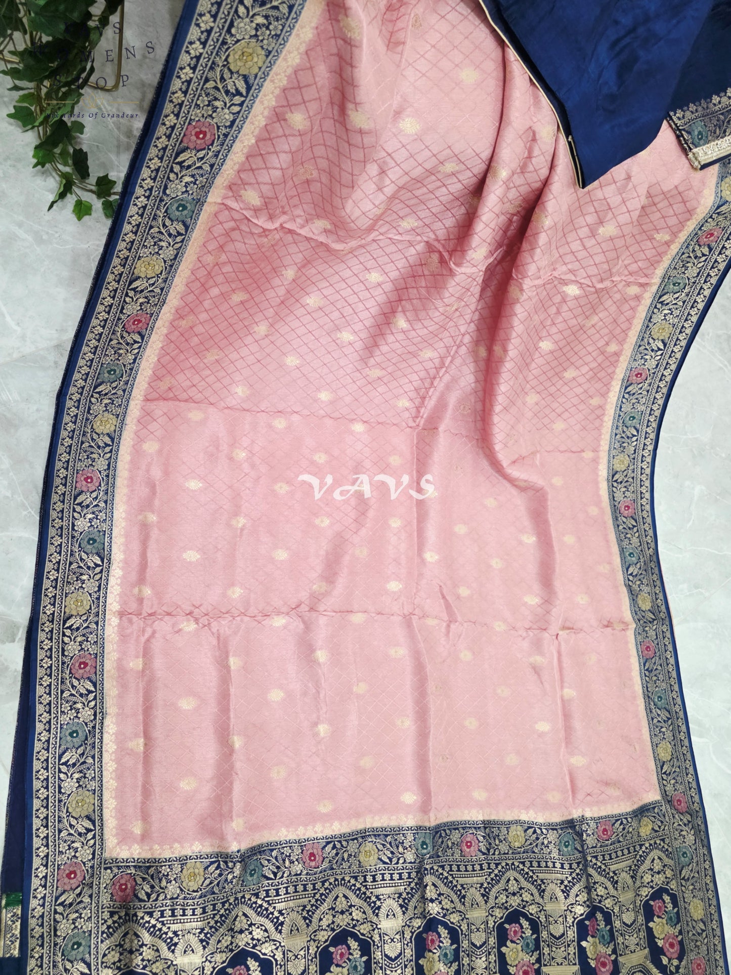 Blush Rose Pink Pure Munga Crepe Silk Saree with Midnight Navy Floral Border & Stitched Blouse Size 42, Extendable to 48