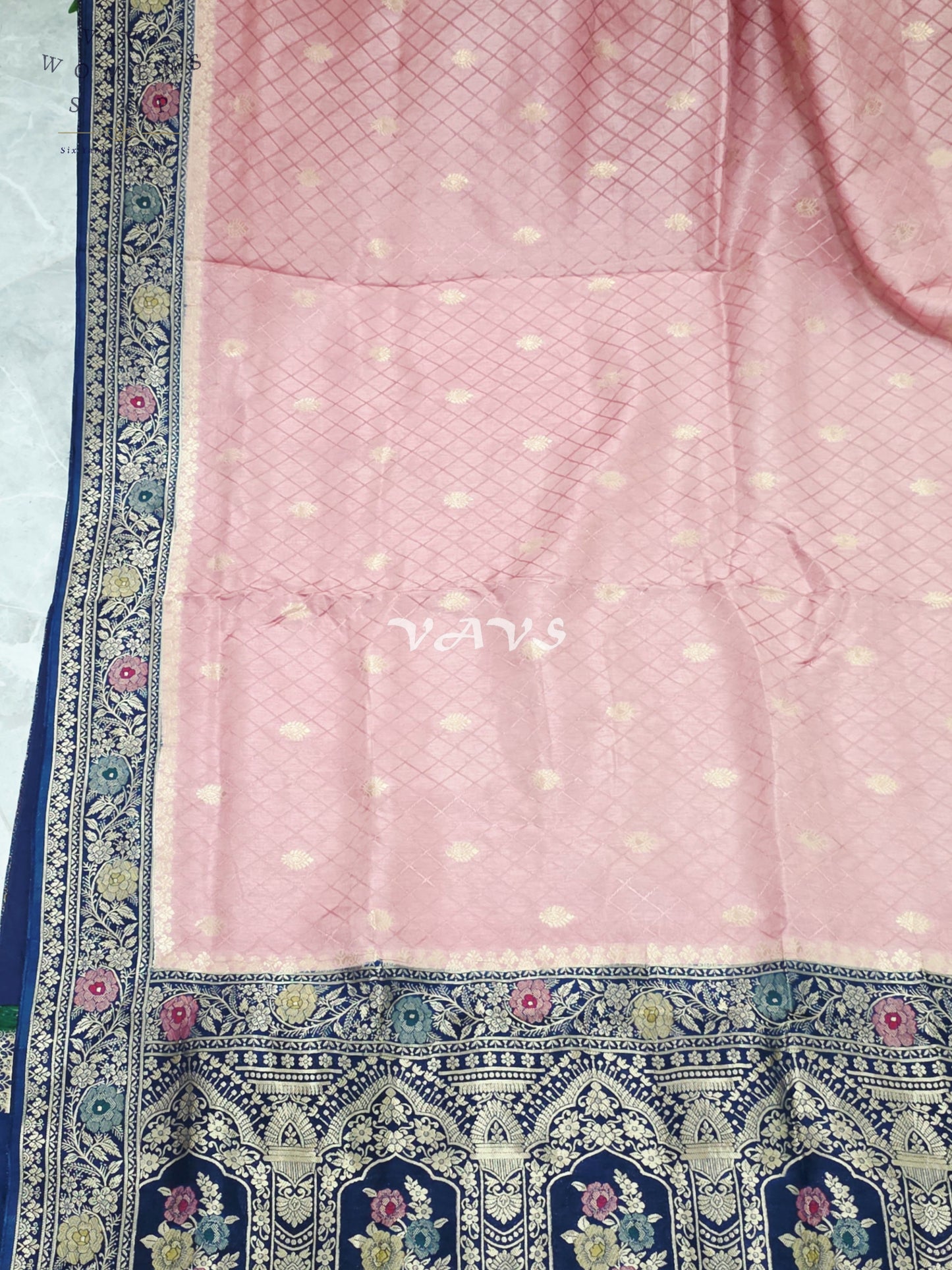 Blush Rose Pink Pure Munga Crepe Silk Saree with Midnight Navy Floral Border & Stitched Blouse Size 42, Extendable to 48