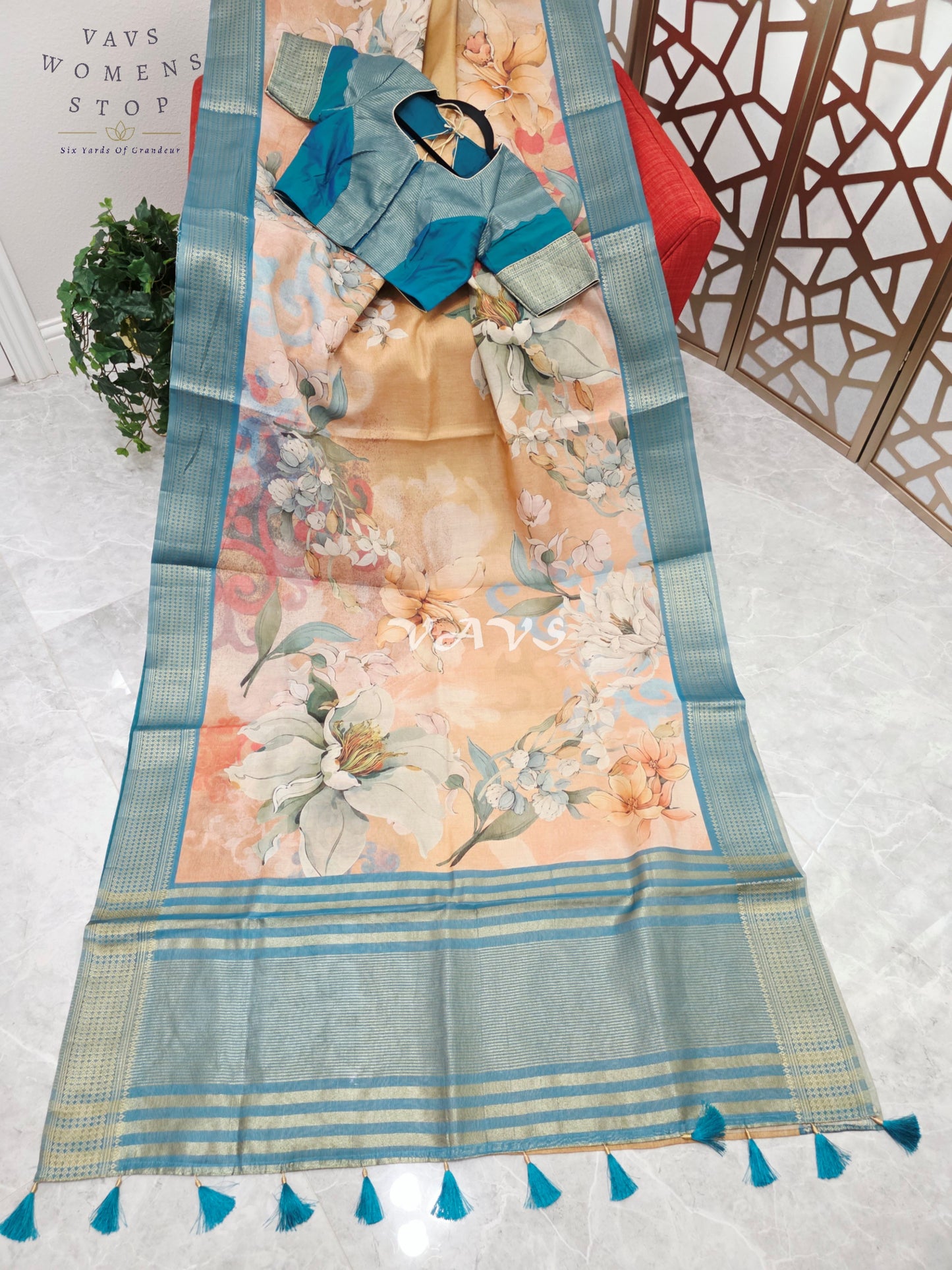 Champagne Peach Floral Print Soft Tissue Cotton Style Saree with Peacock Teal Border & Stepped Puff Blouse Size 36, Extendable to 42