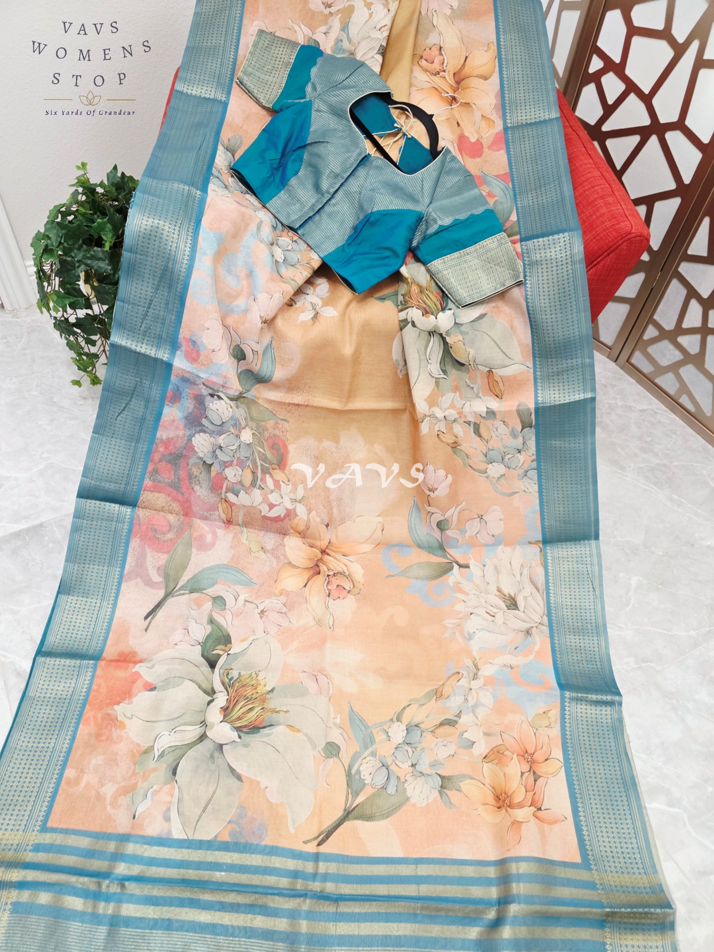 Champagne Peach Floral Print Soft Tissue Cotton Style Saree with Peacock Teal Border & Stepped Puff Blouse Size 36, Extendable to 42
