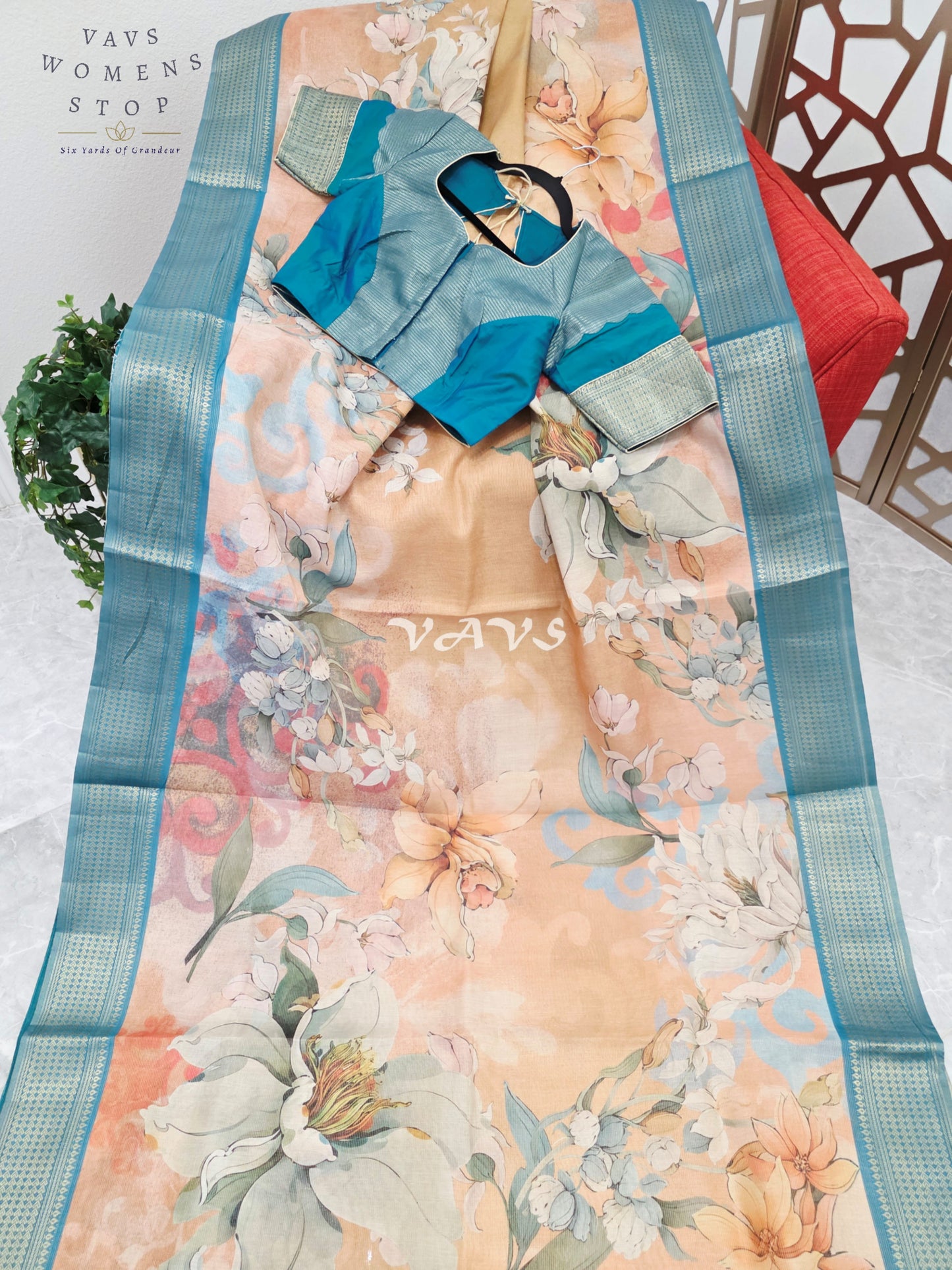 Champagne Peach Floral Print Soft Tissue Cotton Style Saree with Peacock Teal Border & Stepped Puff Blouse Size 36, Extendable to 42