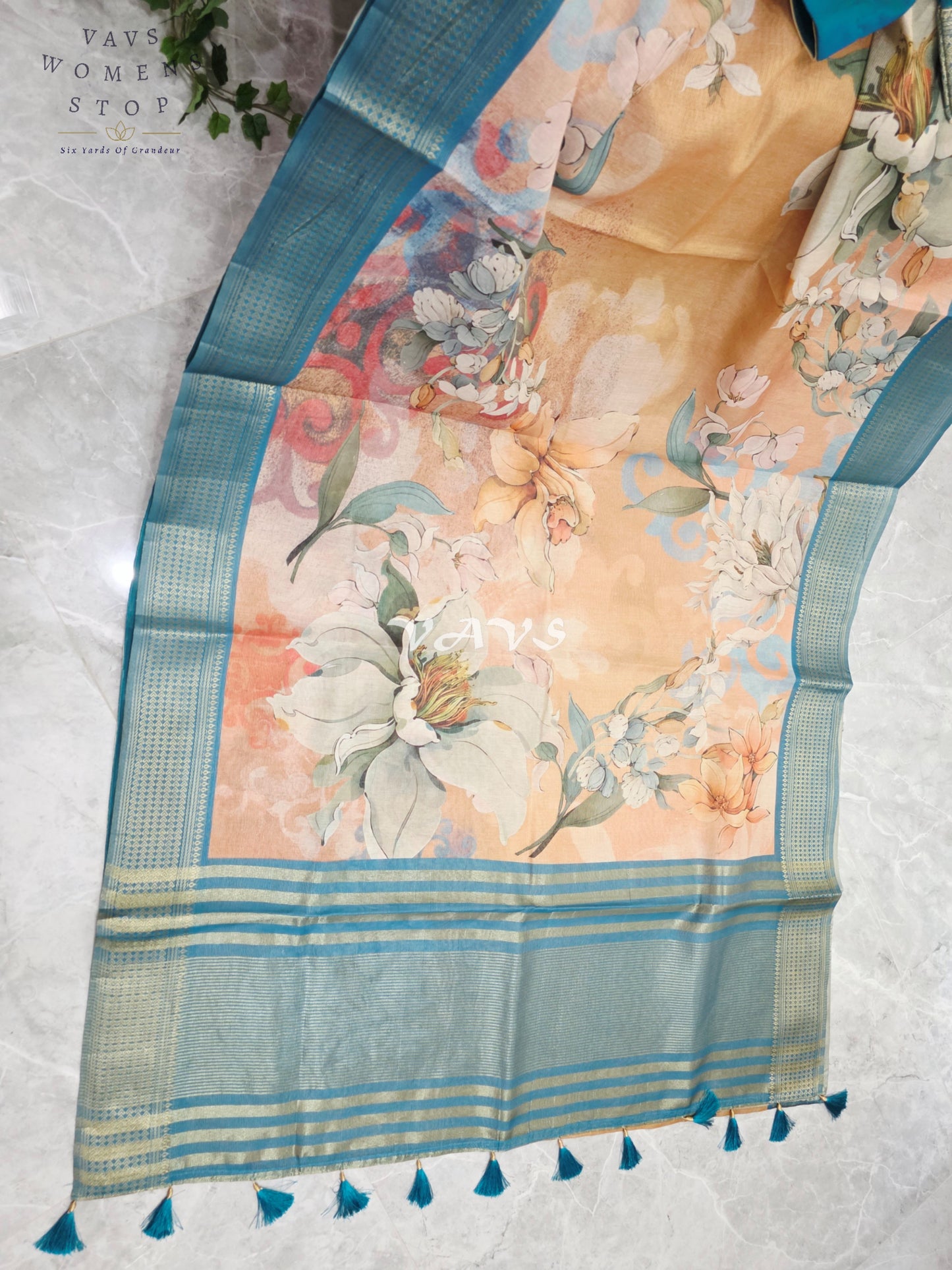 Champagne Peach Floral Print Soft Tissue Cotton Style Saree with Peacock Teal Border & Stepped Puff Blouse Size 36, Extendable to 42
