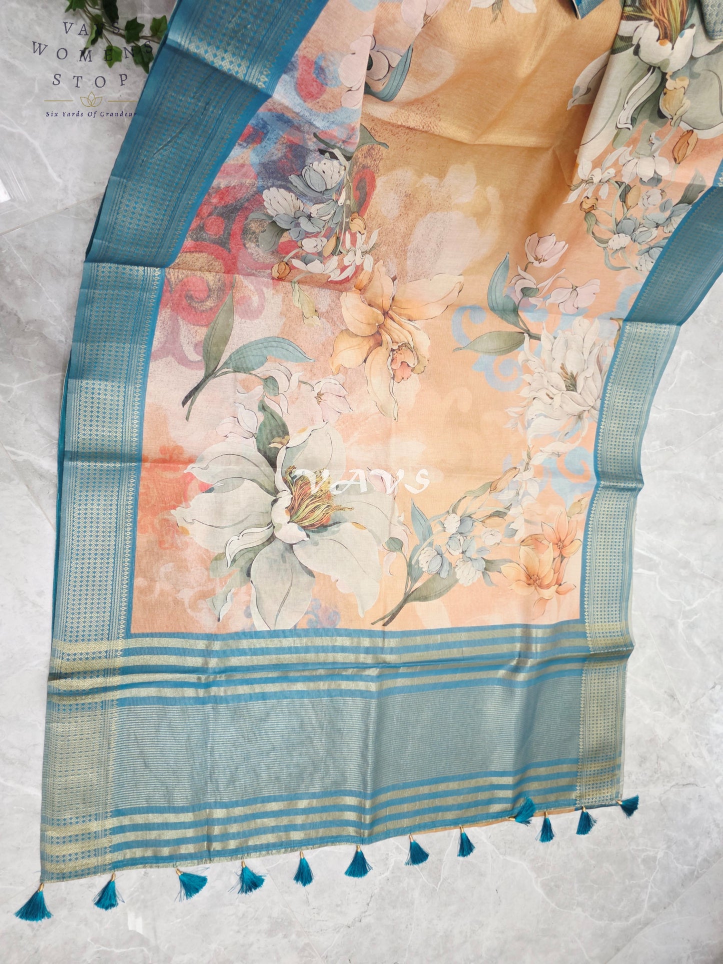 Champagne Peach Floral Print Soft Tissue Cotton Style Saree with Peacock Teal Border & Stepped Puff Blouse Size 36, Extendable to 42