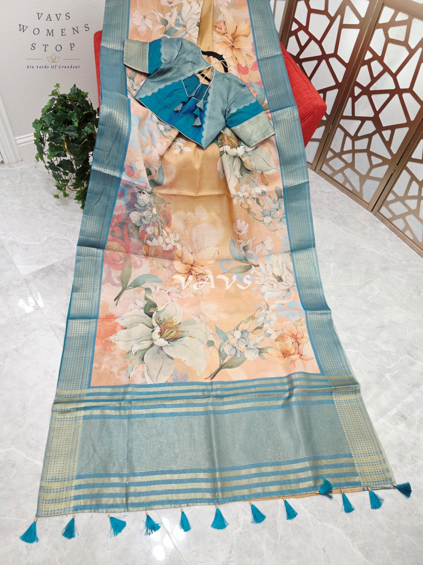 Champagne Peach Floral Print Soft Tissue Cotton Style Saree with Peacock Teal Border & Stepped Puff Blouse Size 36, Extendable to 42