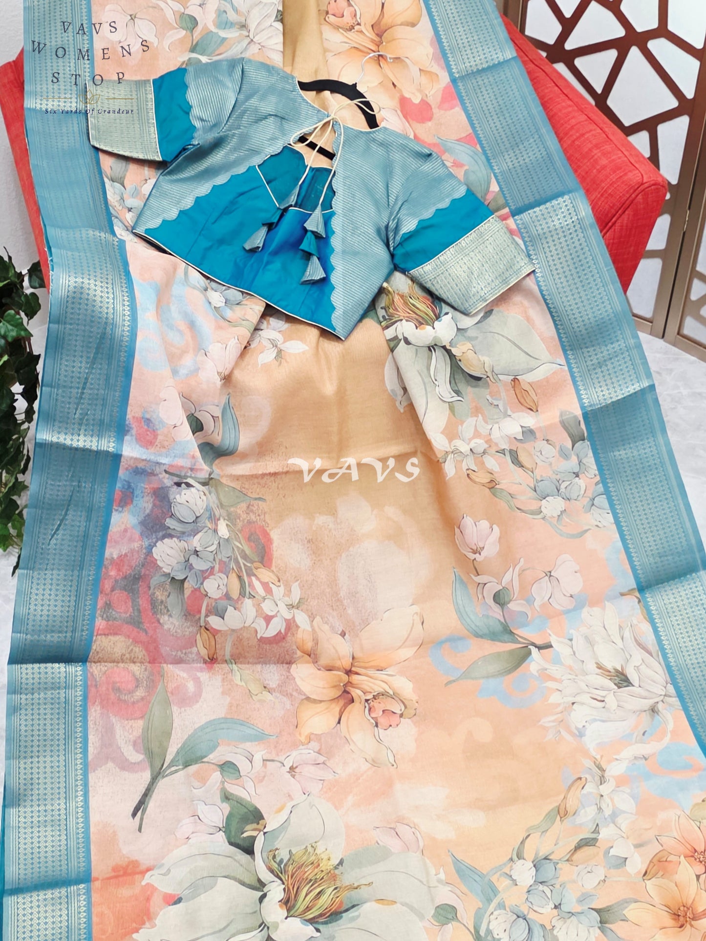 Champagne Peach Floral Print Soft Tissue Cotton Style Saree with Peacock Teal Border & Stepped Puff Blouse Size 36, Extendable to 42