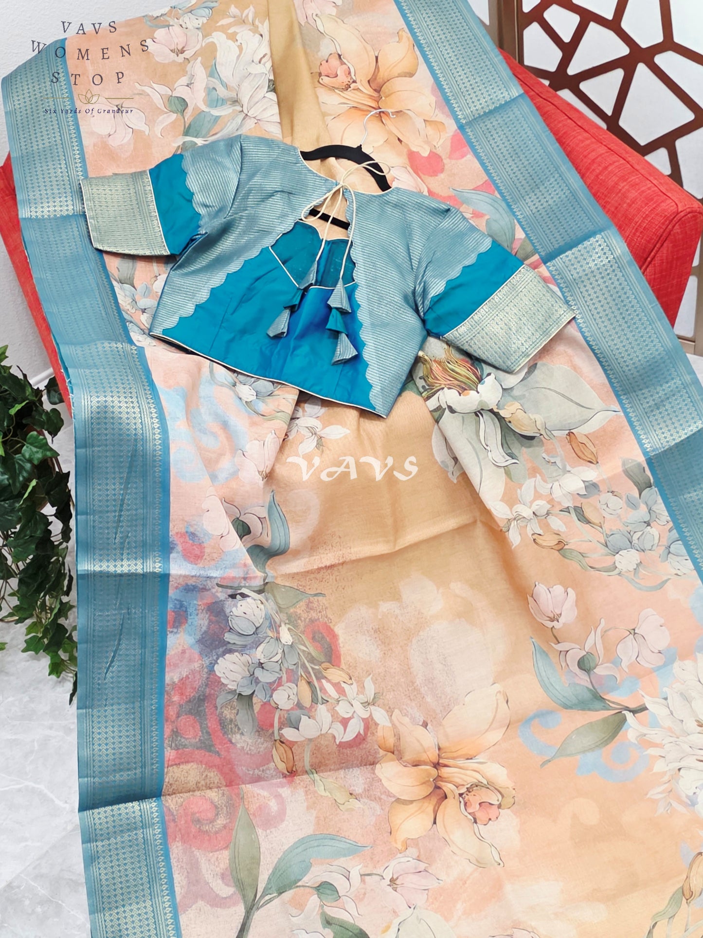 Champagne Peach Floral Print Soft Tissue Cotton Style Saree with Peacock Teal Border & Stepped Puff Blouse Size 36, Extendable to 42