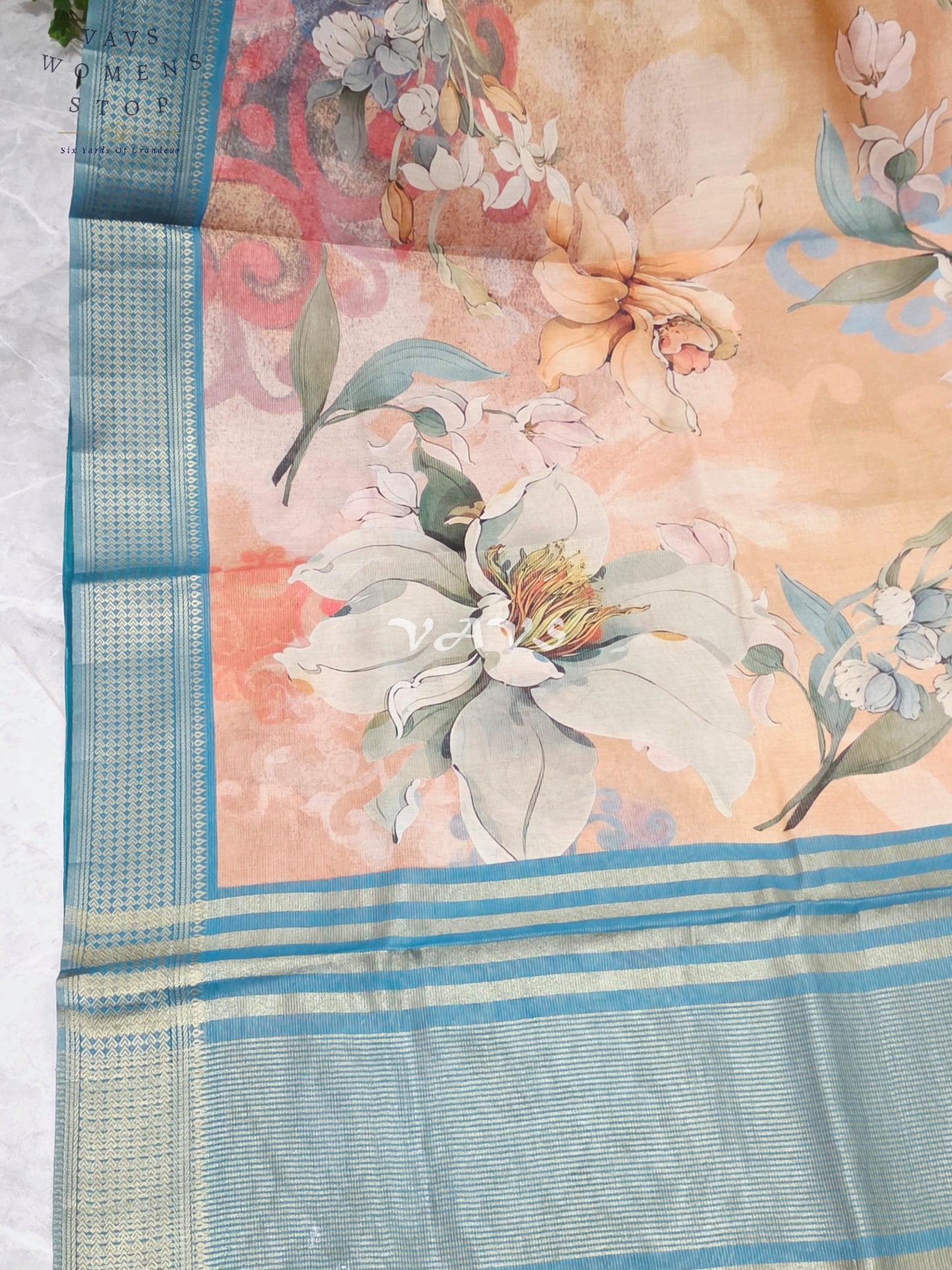 Champagne Peach Floral Print Soft Tissue Cotton Style Saree with Peacock Teal Border & Stepped Puff Blouse Size 36, Extendable to 42
