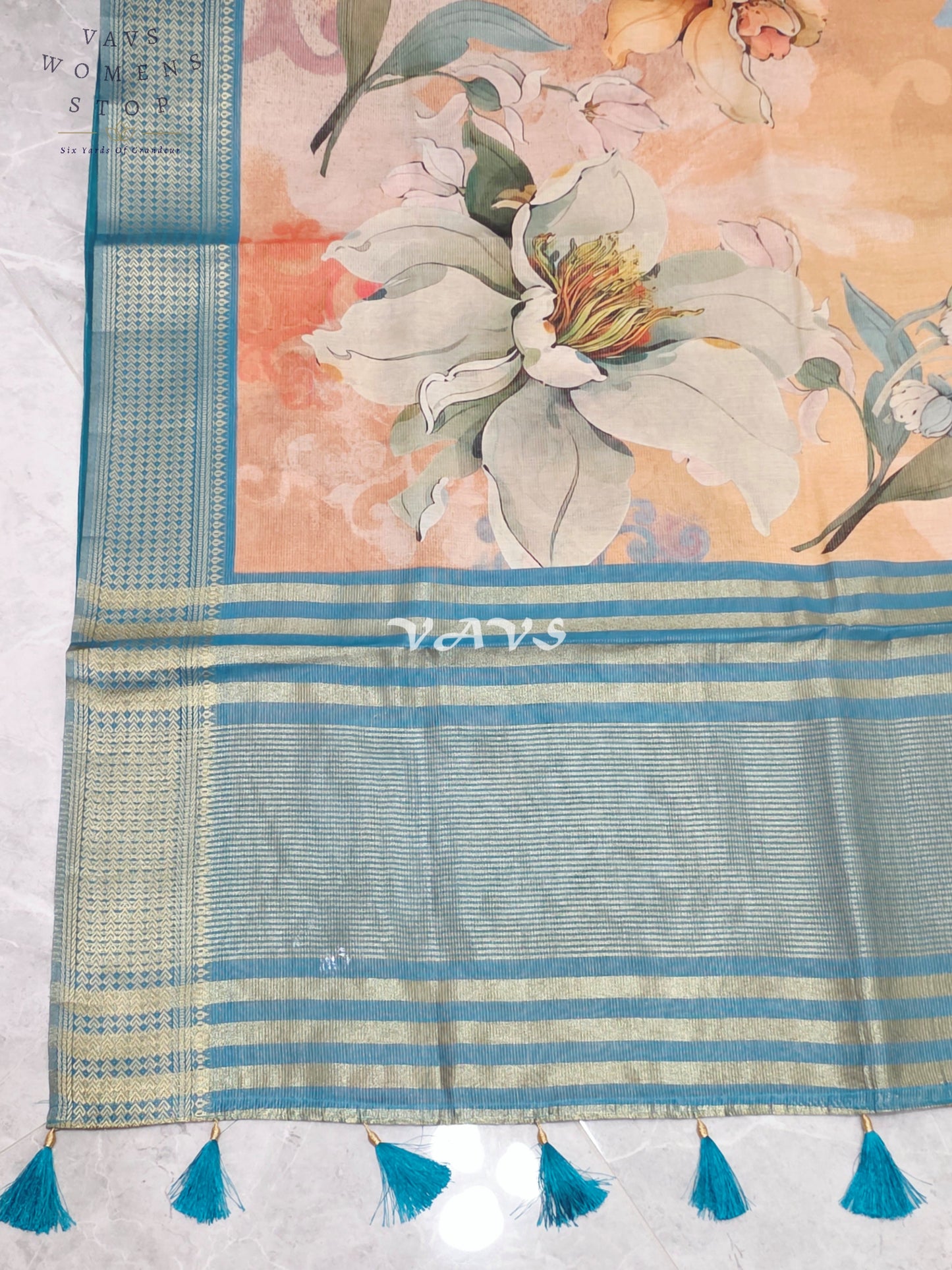 Champagne Peach Floral Print Soft Tissue Cotton Style Saree with Peacock Teal Border & Stepped Puff Blouse Size 36, Extendable to 42