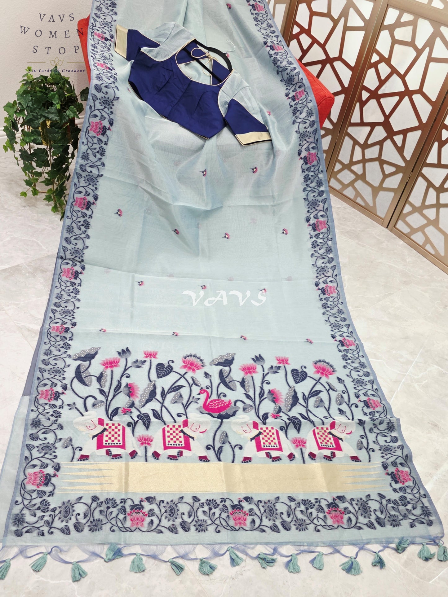 Pearl Aqua Semi Tissue Silk Cotton Jamdani Style Saree with Elephant Pallu & Navy Stitched Puff Sleeve Blouse Size 38, Extendable to 44