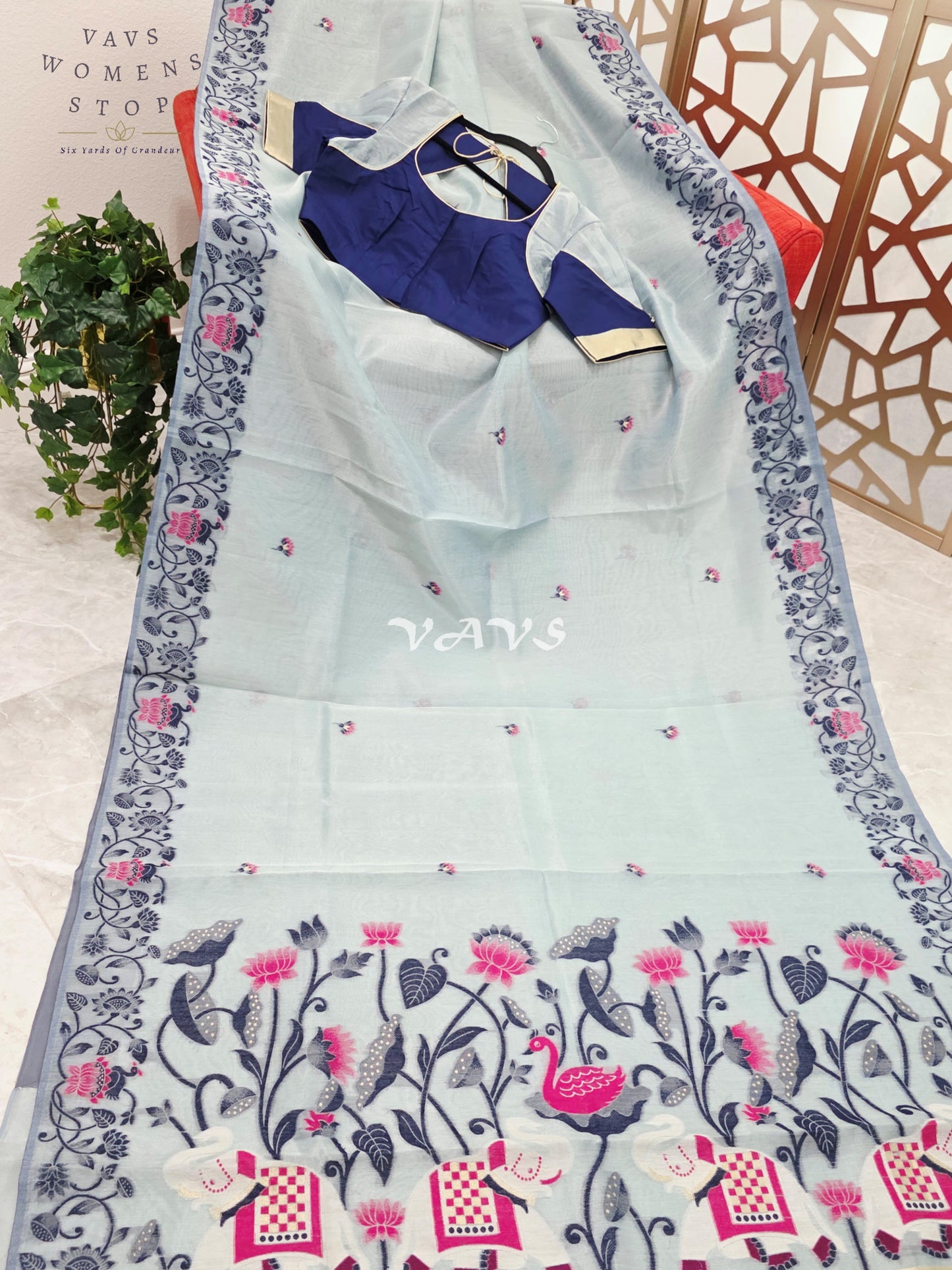 Pearl Aqua Semi Tissue Silk Cotton Jamdani Style Saree with Elephant Pallu & Navy Stitched Puff Sleeve Blouse Size 38, Extendable to 44
