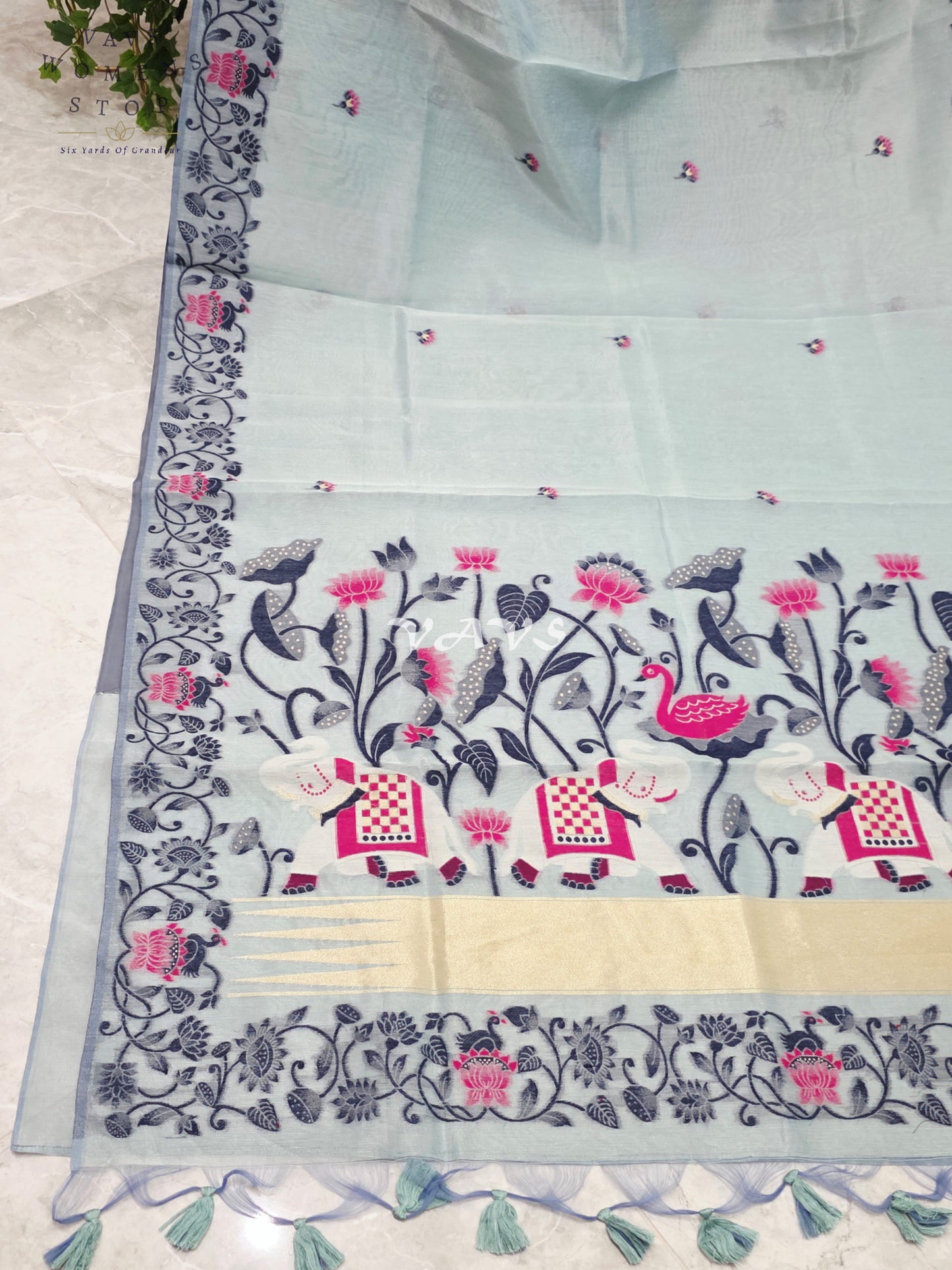 Pearl Aqua Semi Tissue Silk Cotton Jamdani Style Saree with Elephant Pallu & Navy Stitched Puff Sleeve Blouse Size 38, Extendable to 44