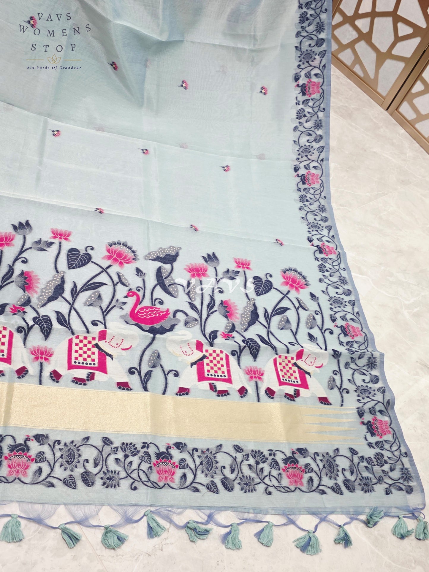 Pearl Aqua Semi Tissue Silk Cotton Jamdani Style Saree with Elephant Pallu & Navy Stitched Puff Sleeve Blouse Size 38, Extendable to 44