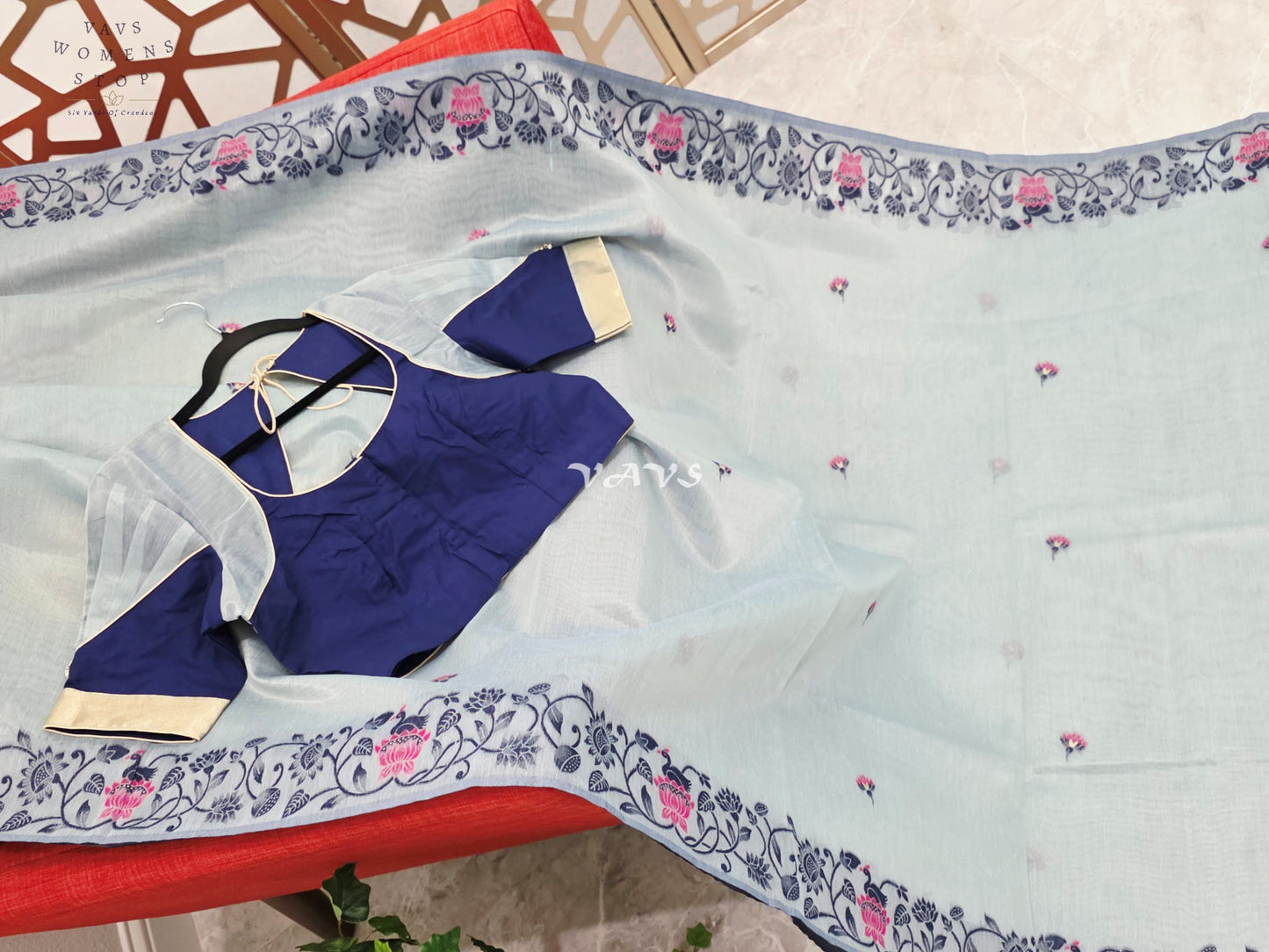 Pearl Aqua Semi Tissue Silk Cotton Jamdani Style Saree with Elephant Pallu & Navy Stitched Puff Sleeve Blouse Size 38, Extendable to 44
