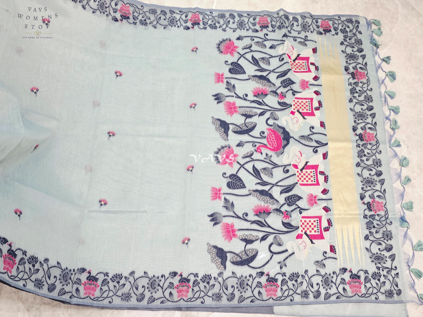 Pearl Aqua Semi Tissue Silk Cotton Jamdani Style Saree with Elephant Pallu & Navy Stitched Puff Sleeve Blouse Size 38, Extendable to 44