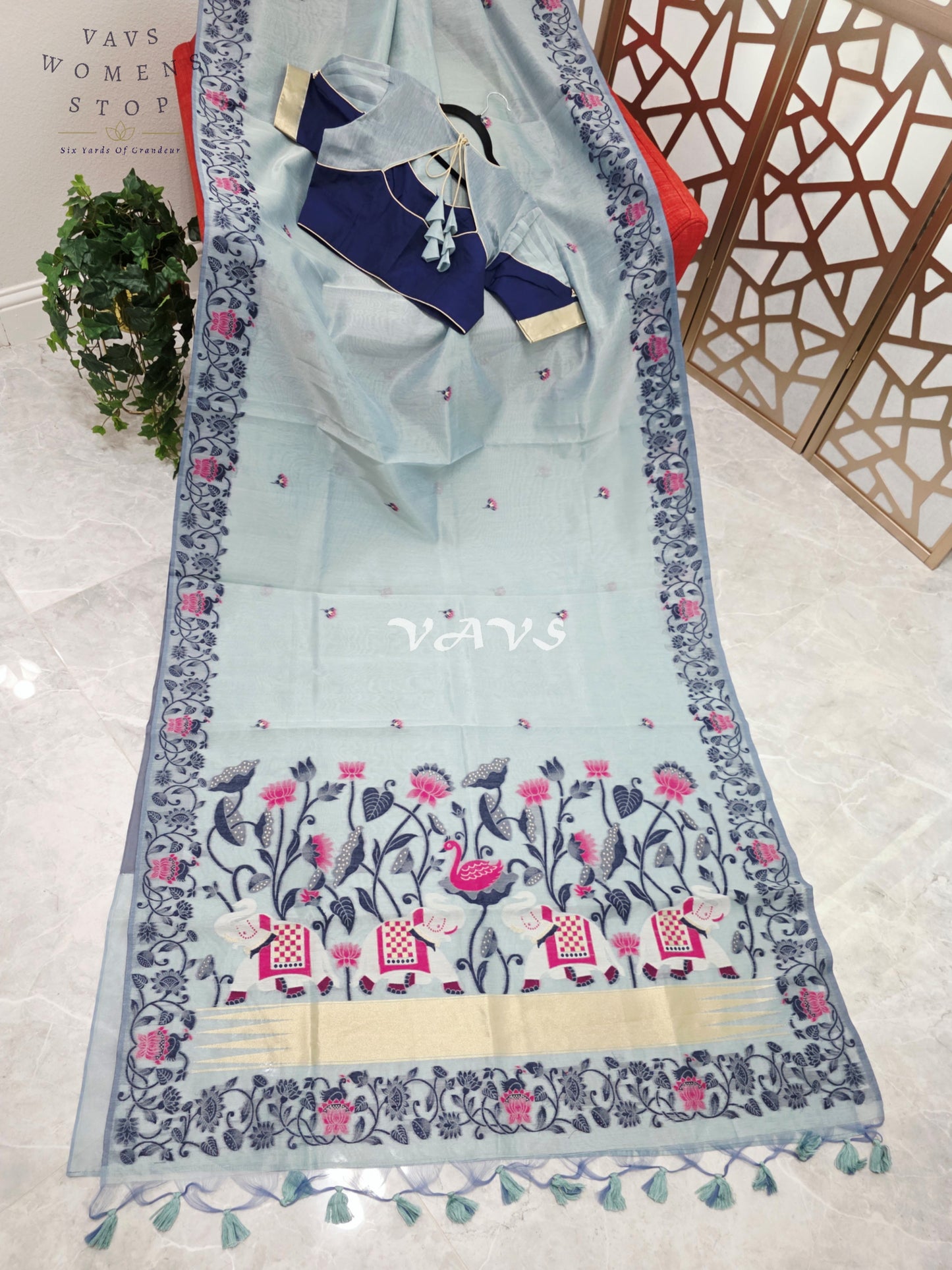 Pearl Aqua Semi Tissue Silk Cotton Jamdani Style Saree with Elephant Pallu & Navy Stitched Puff Sleeve Blouse Size 38, Extendable to 44