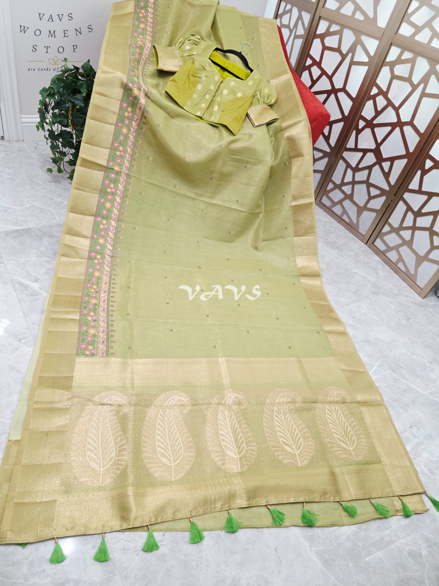 Golden Pistachio Soft Tissue Cotton Style Embroidered Saree with Paisley Pallu & Stitched Puff Sleeve Blouse Size 36, Extendable to 42