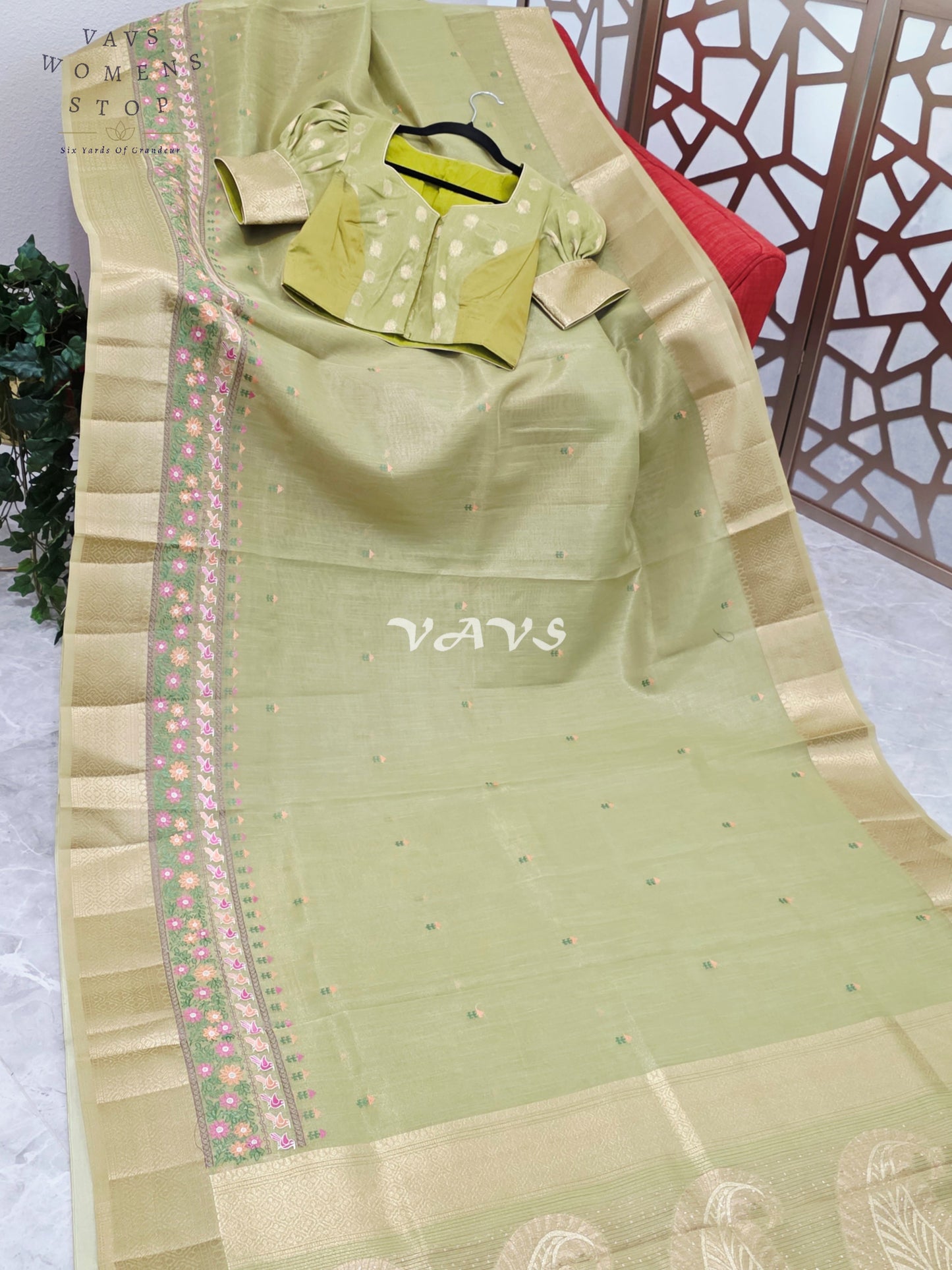 Golden Pistachio Soft Tissue Cotton Style Embroidered Saree with Paisley Pallu & Stitched Puff Sleeve Blouse Size 36, Extendable to 42
