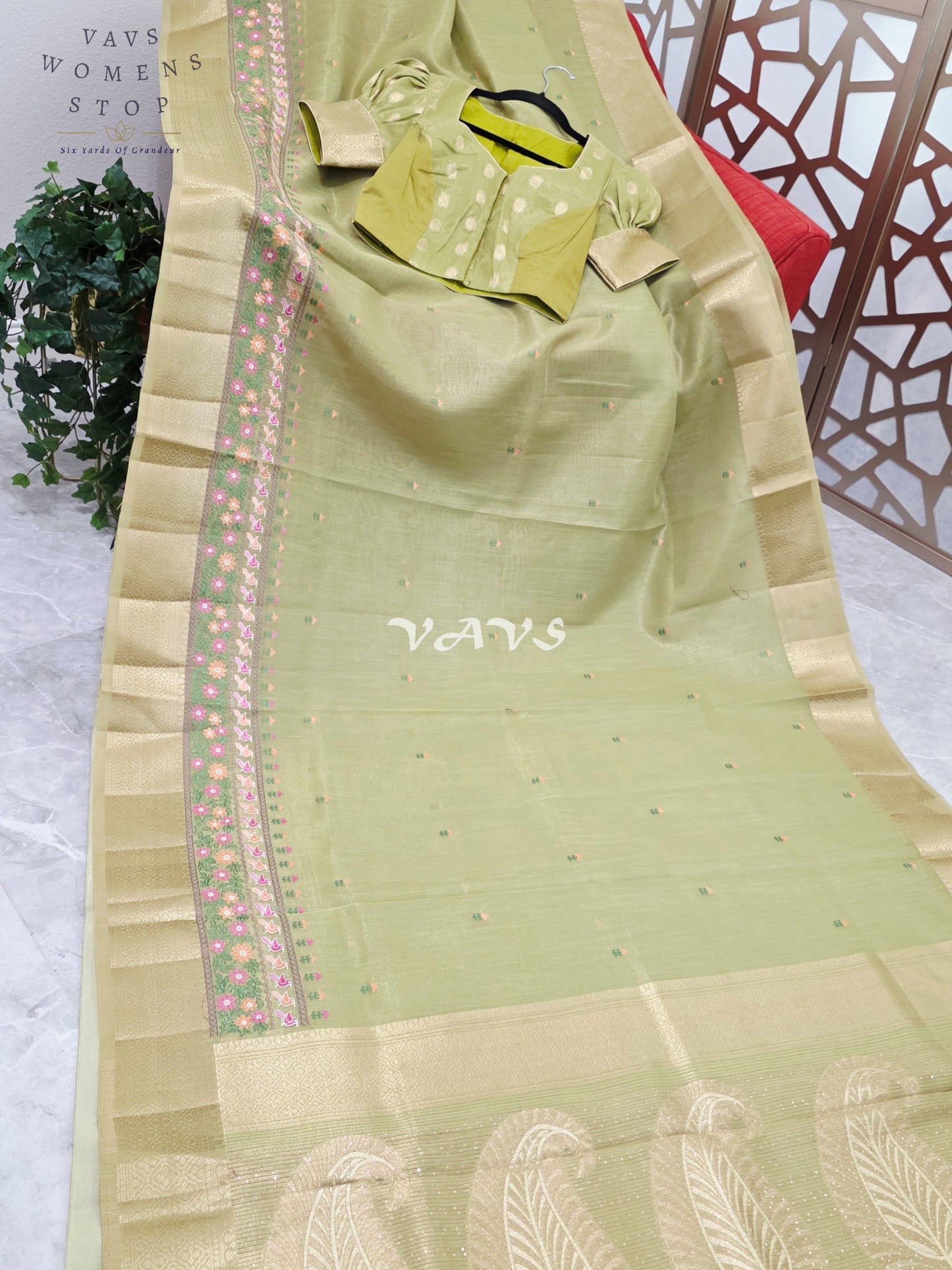Golden Pistachio Soft Tissue Cotton Style Embroidered Saree with Paisley Pallu & Stitched Puff Sleeve Blouse Size 36, Extendable to 42