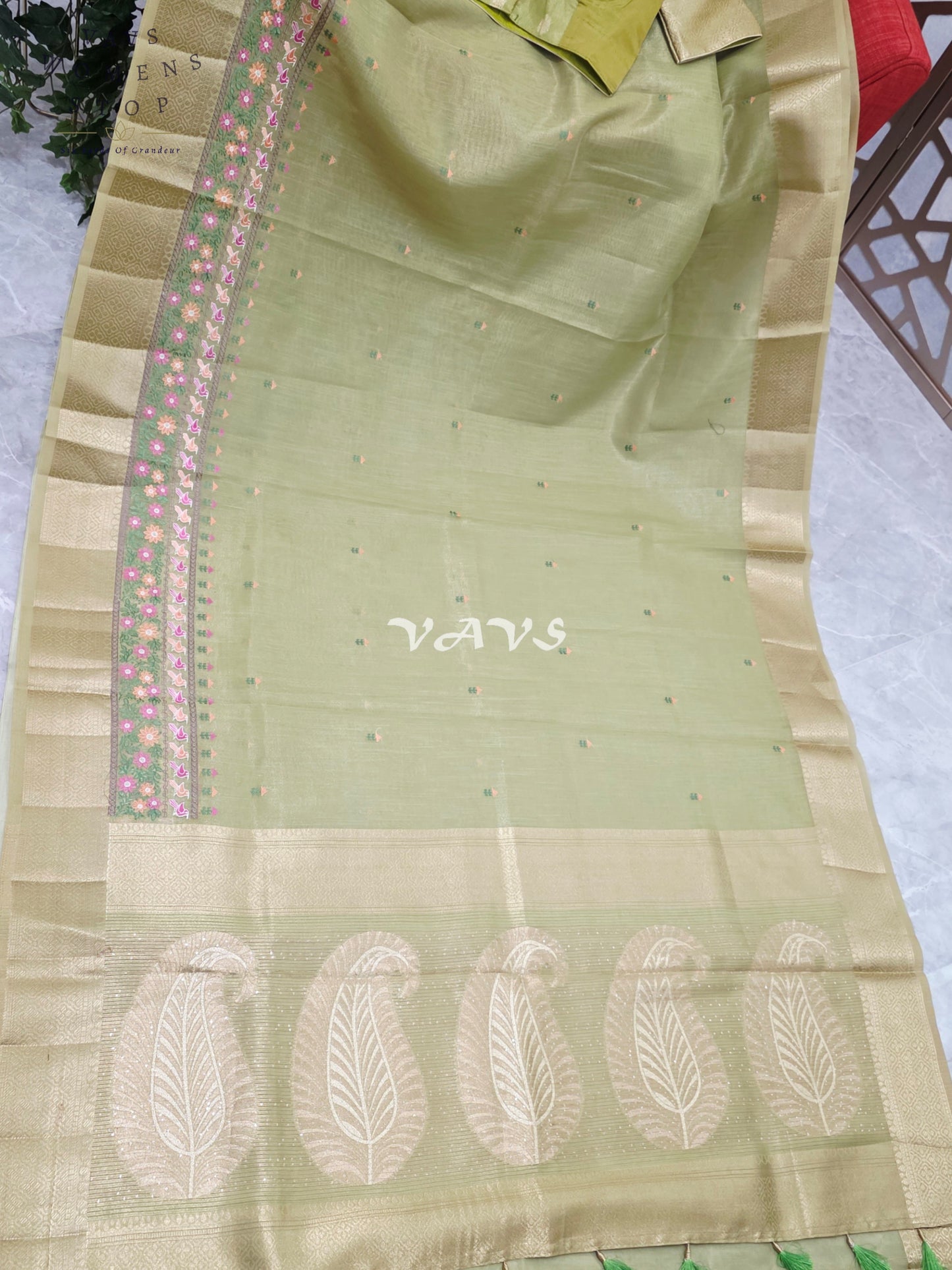 Golden Pistachio Soft Tissue Cotton Style Embroidered Saree with Paisley Pallu & Stitched Puff Sleeve Blouse Size 36, Extendable to 42