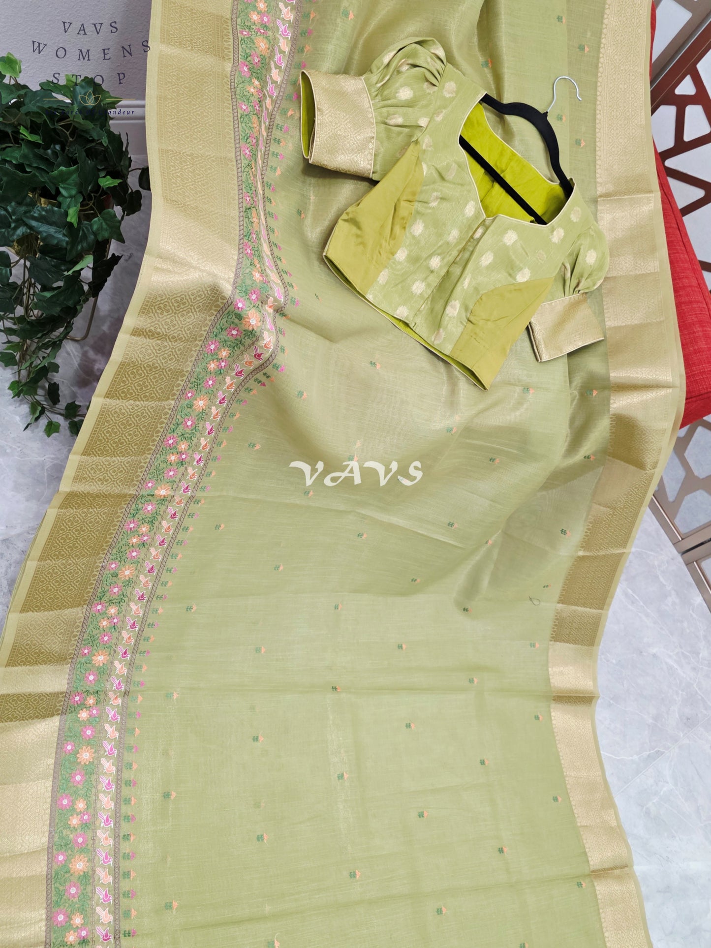 Golden Pistachio Soft Tissue Cotton Style Embroidered Saree with Paisley Pallu & Stitched Puff Sleeve Blouse Size 36, Extendable to 42