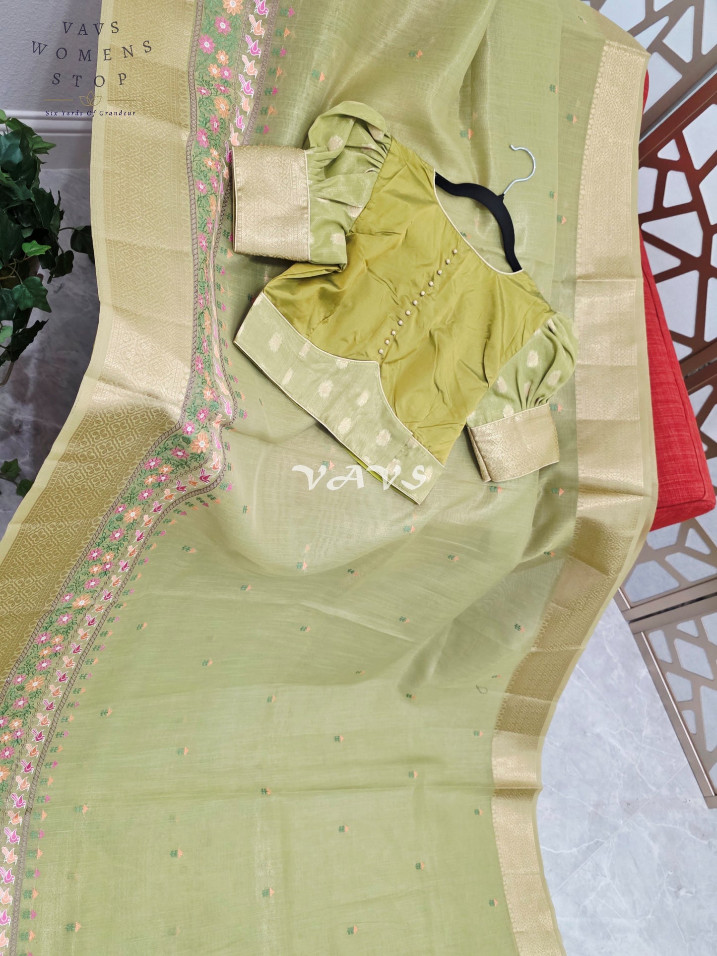 Golden Pistachio Soft Tissue Cotton Style Embroidered Saree with Paisley Pallu & Stitched Puff Sleeve Blouse Size 36, Extendable to 42