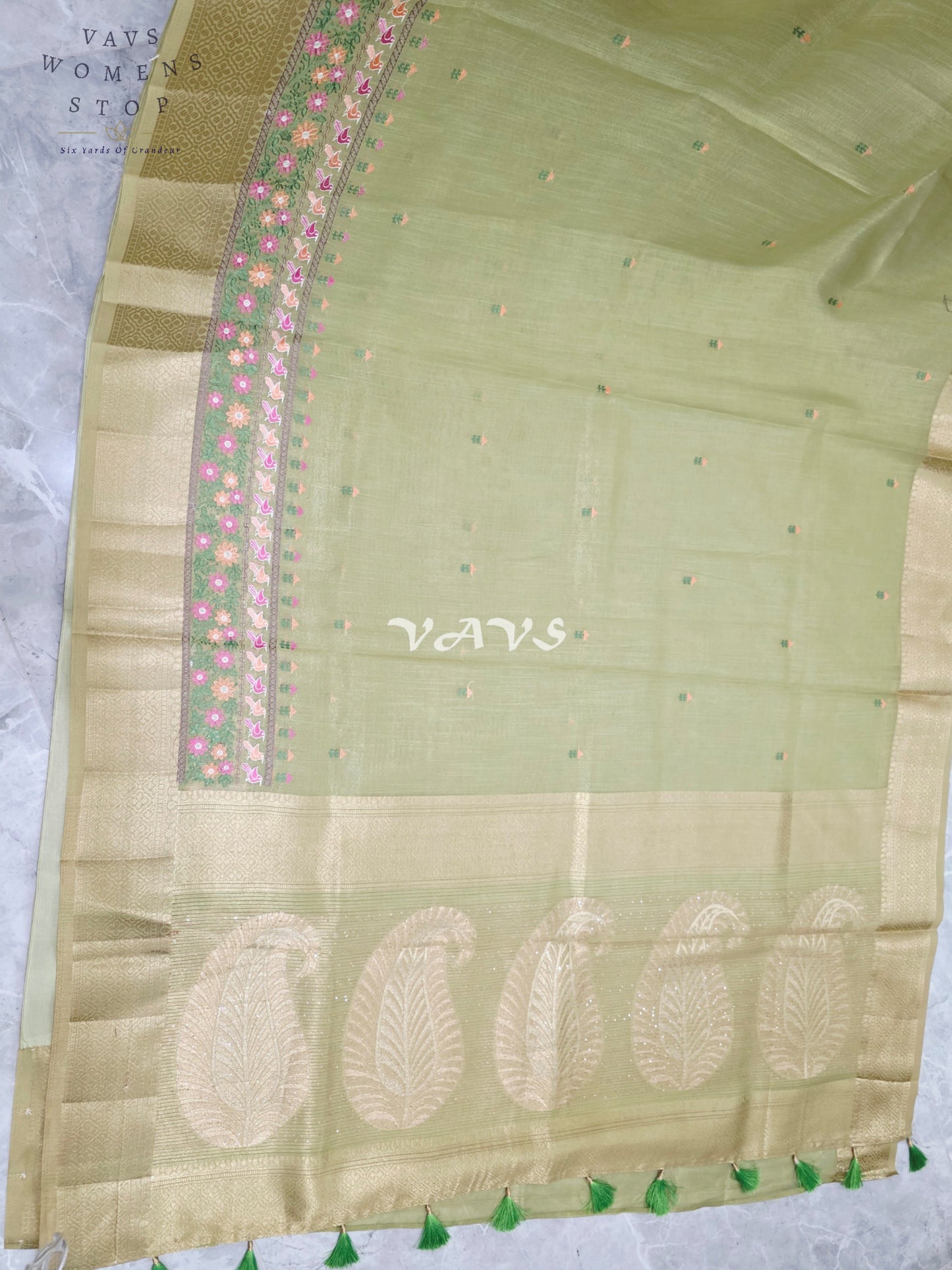 Golden Pistachio Soft Tissue Cotton Style Embroidered Saree with Paisley Pallu & Stitched Puff Sleeve Blouse Size 36, Extendable to 42
