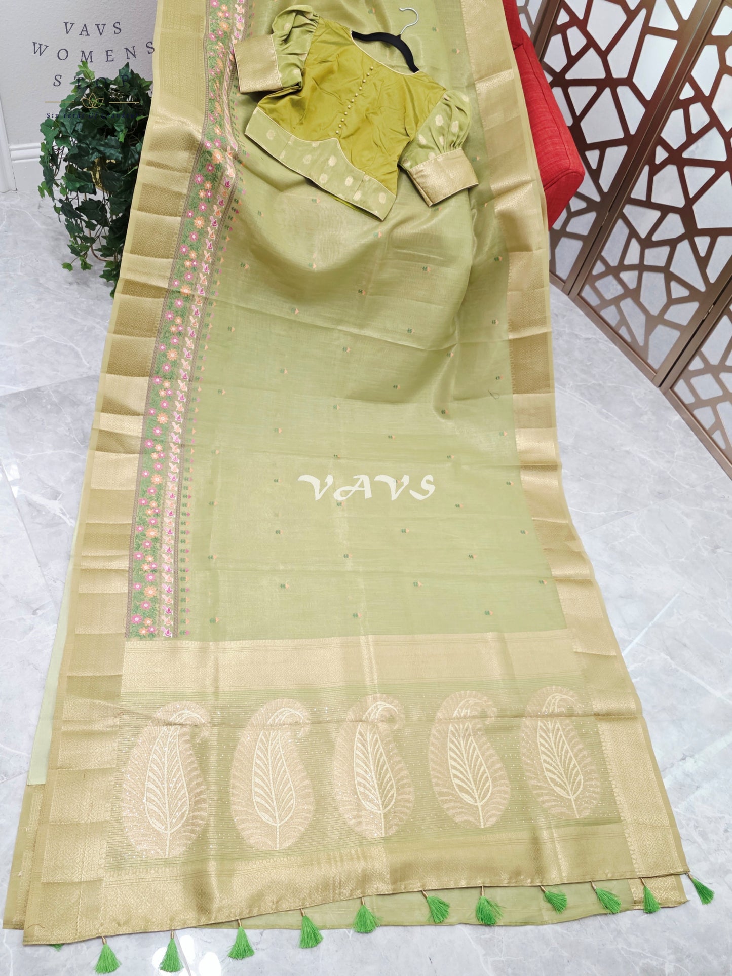 Golden Pistachio Soft Tissue Cotton Style Embroidered Saree with Paisley Pallu & Stitched Puff Sleeve Blouse Size 36, Extendable to 42