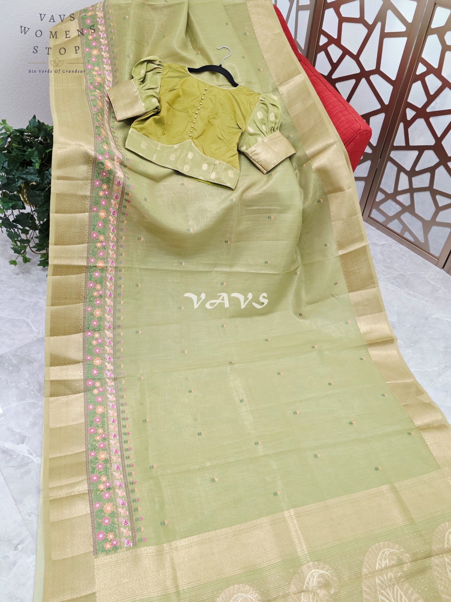 Golden Pistachio Soft Tissue Cotton Style Embroidered Saree with Paisley Pallu & Stitched Puff Sleeve Blouse Size 36, Extendable to 42