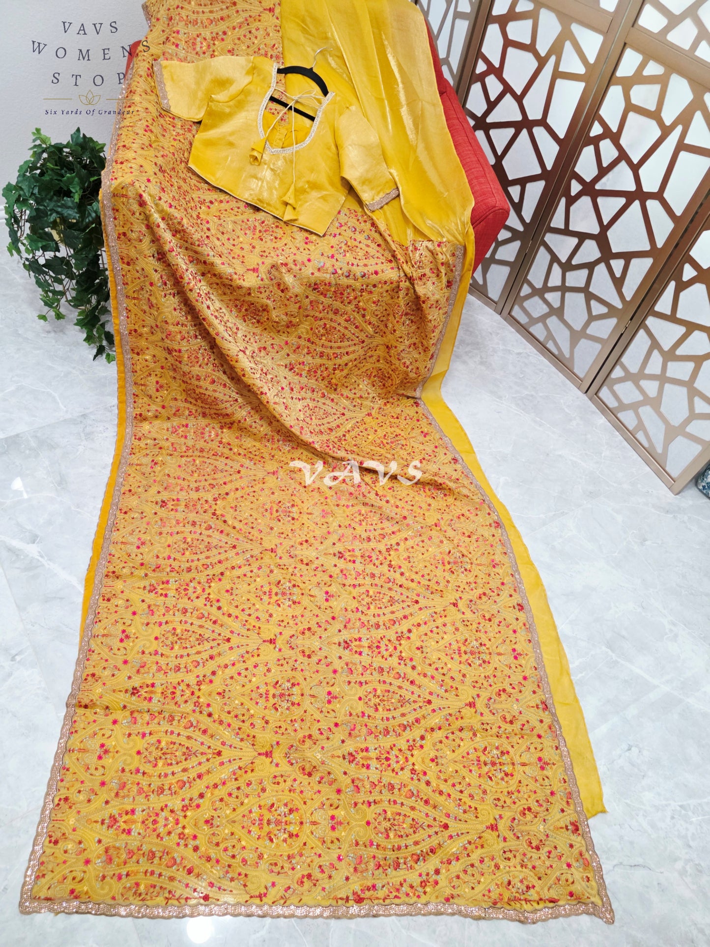 Royal Marigold Yellow Space Silk Saree with Jewel-Tone Paisley Embroidery, Mukaish Stone Border & Stitched Blouse Size 36–42