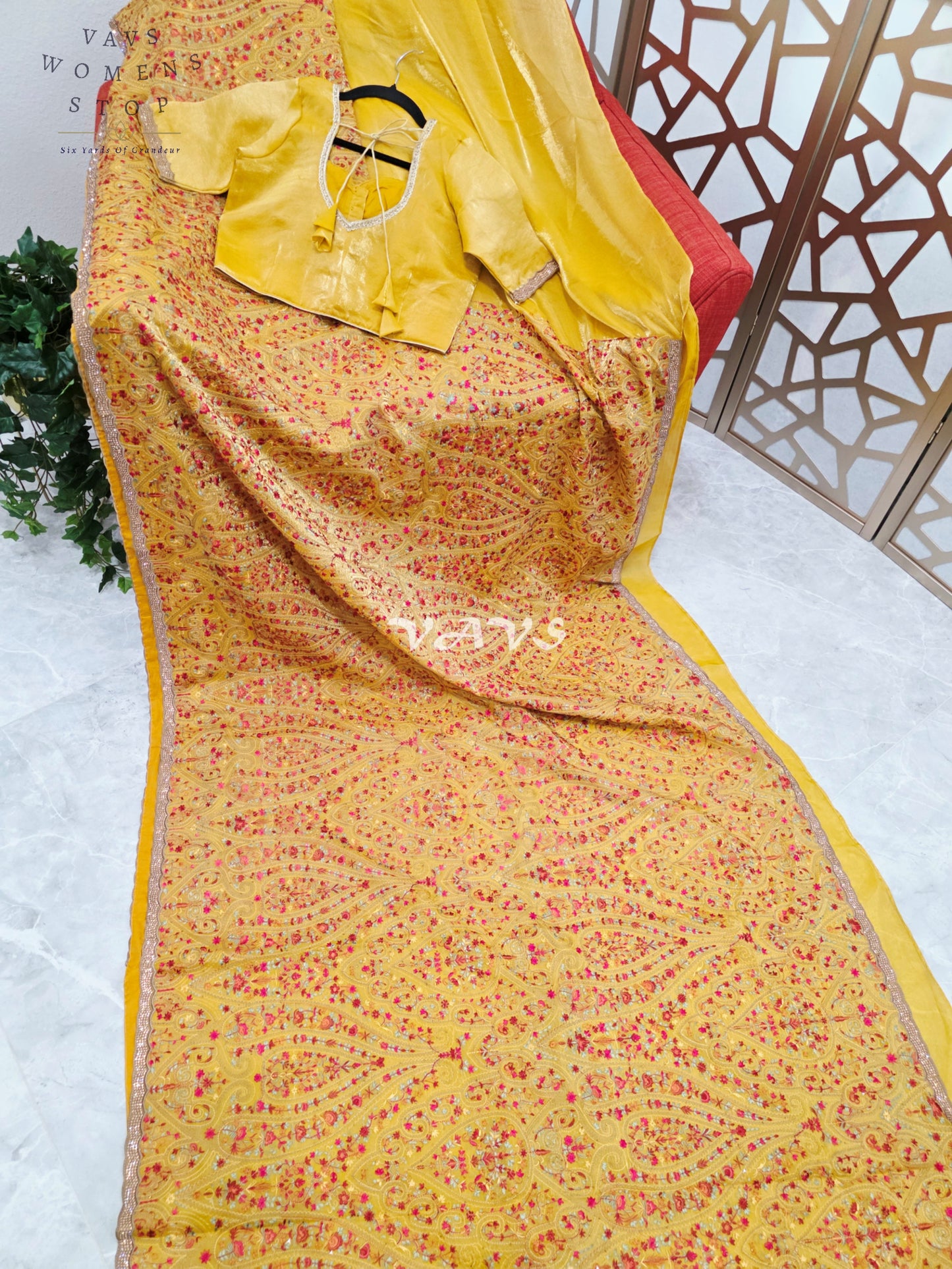 Royal Marigold Yellow Space Silk Saree with Jewel-Tone Paisley Embroidery, Mukaish Stone Border & Stitched Blouse Size 36–42