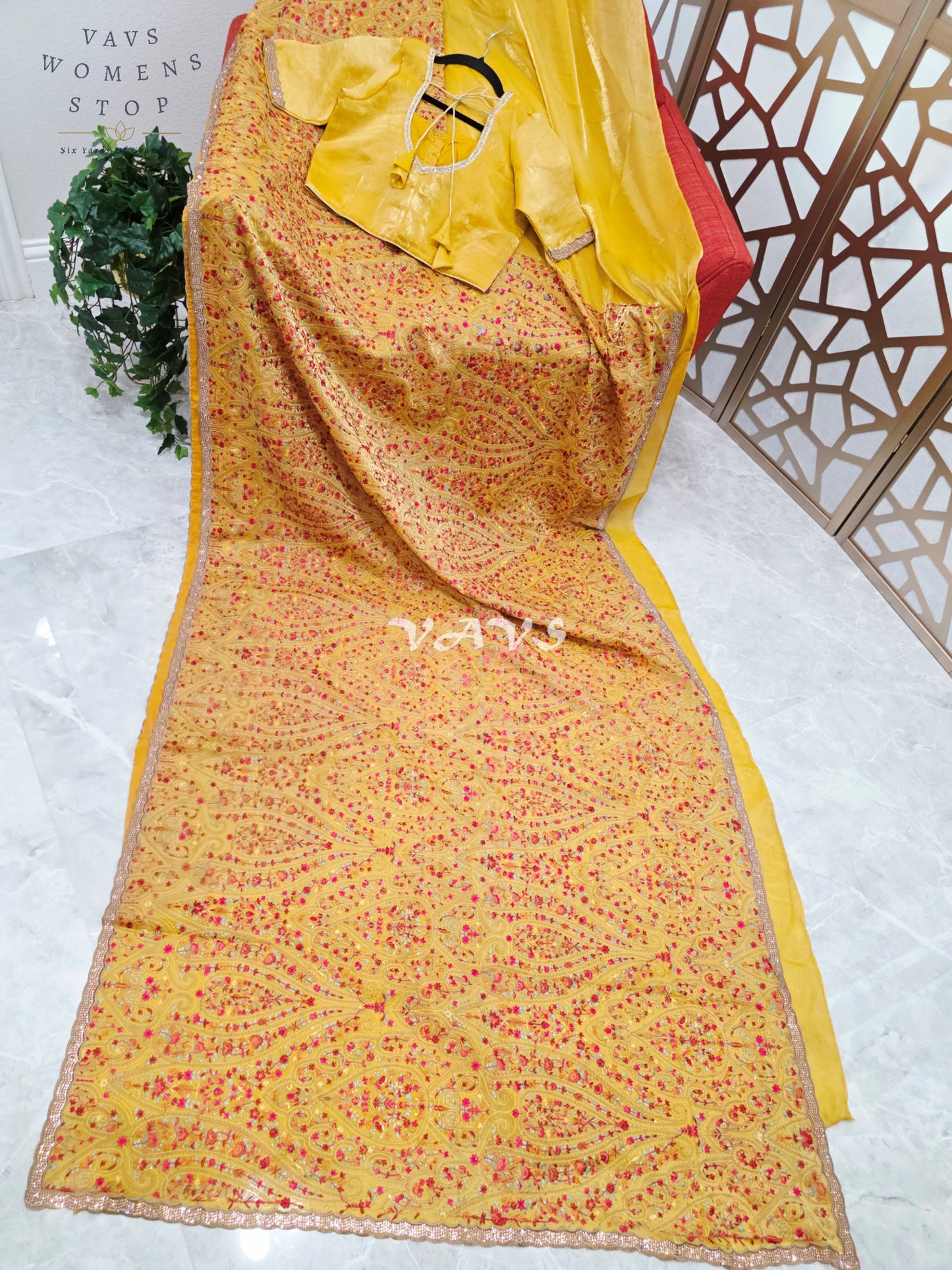 Royal Marigold Yellow Space Silk Saree with Jewel-Tone Paisley Embroidery, Mukaish Stone Border & Stitched Blouse Size 36–42