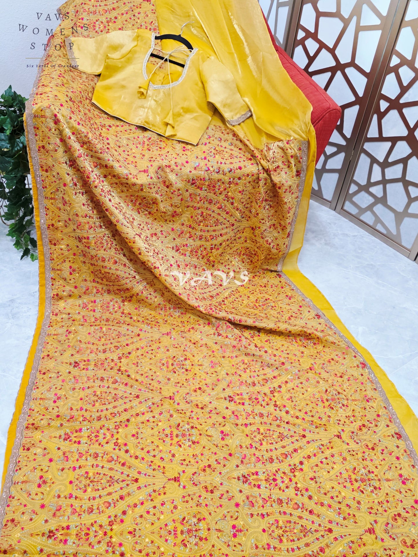 Royal Marigold Yellow Space Silk Saree with Jewel-Tone Paisley Embroidery, Mukaish Stone Border & Stitched Blouse Size 36–42