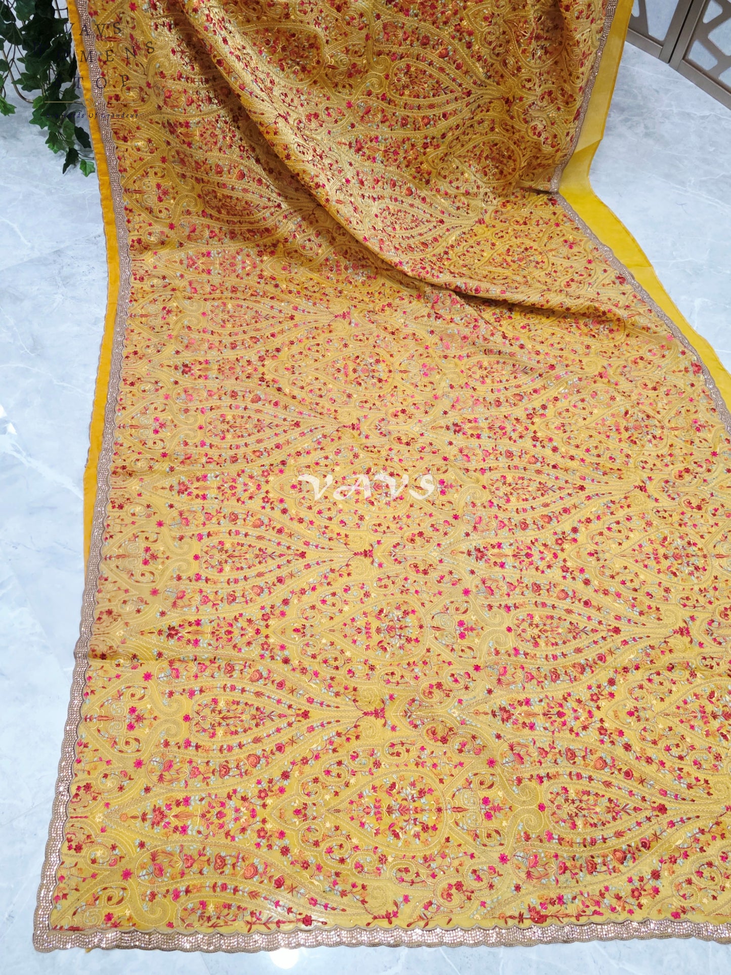 Royal Marigold Yellow Space Silk Saree with Jewel-Tone Paisley Embroidery, Mukaish Stone Border & Stitched Blouse Size 36–42