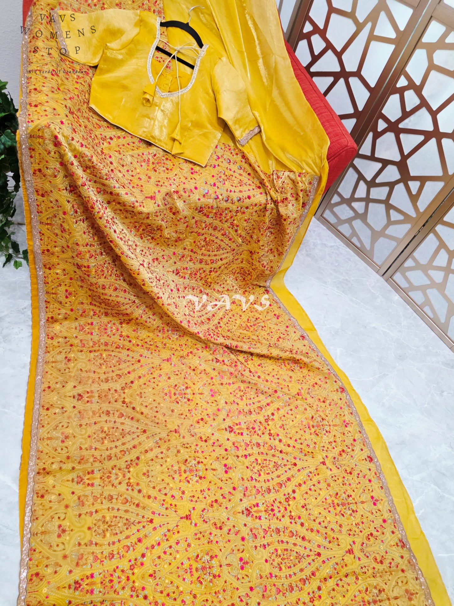 Royal Marigold Yellow Space Silk Saree with Jewel-Tone Paisley Embroidery, Mukaish Stone Border & Stitched Blouse Size 36–42