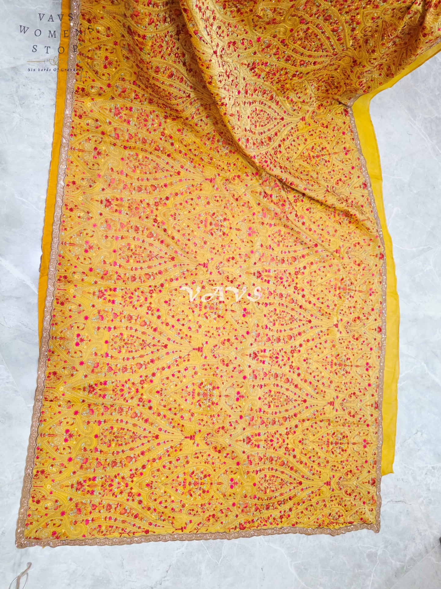 Royal Marigold Yellow Space Silk Saree with Jewel-Tone Paisley Embroidery, Mukaish Stone Border & Stitched Blouse Size 36–42