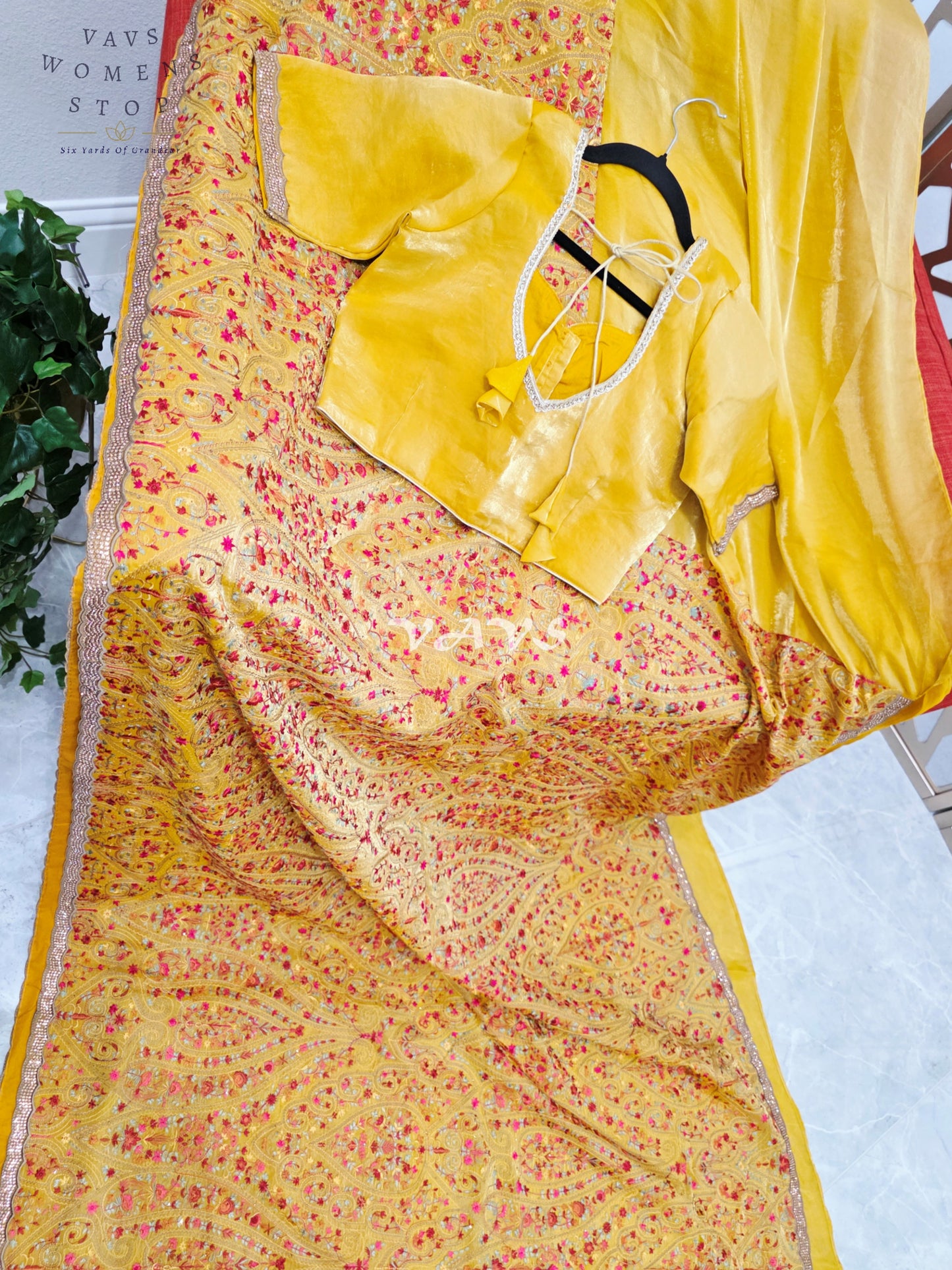 Royal Marigold Yellow Space Silk Saree with Jewel-Tone Paisley Embroidery, Mukaish Stone Border & Stitched Blouse Size 36–42