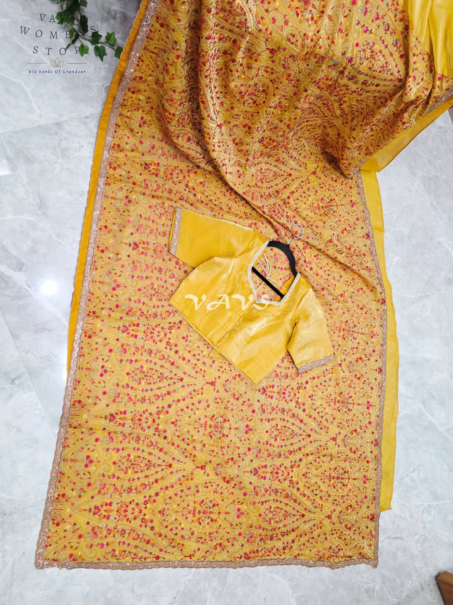 Royal Marigold Yellow Space Silk Saree with Jewel-Tone Paisley Embroidery, Mukaish Stone Border & Stitched Blouse Size 36–42