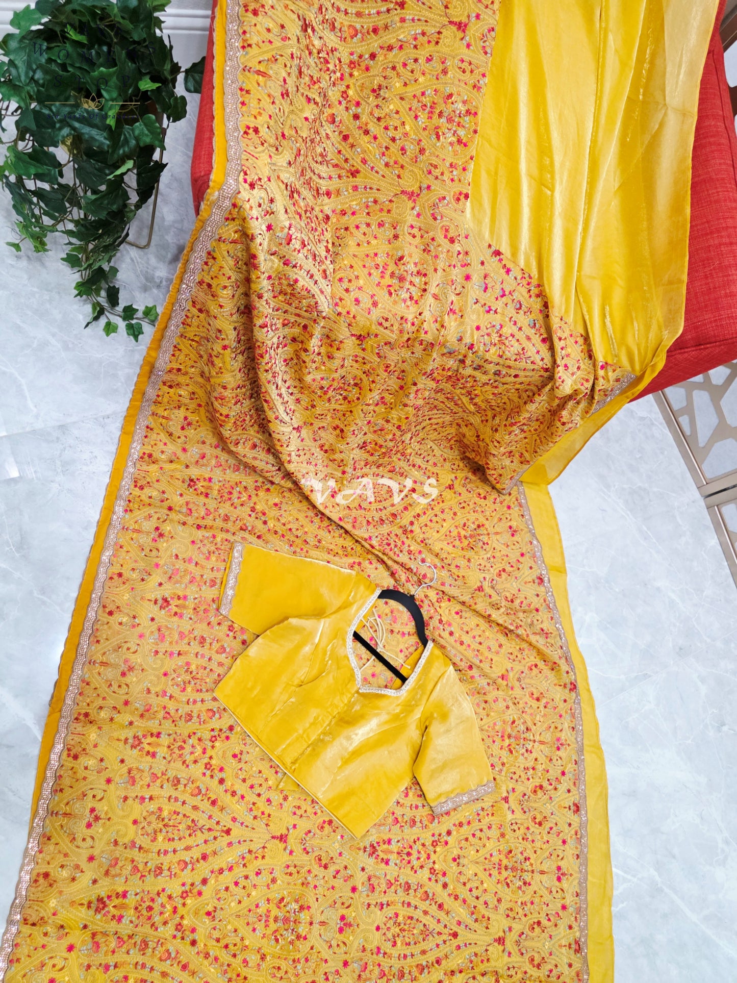 Royal Marigold Yellow Space Silk Saree with Jewel-Tone Paisley Embroidery, Mukaish Stone Border & Stitched Blouse Size 36–42