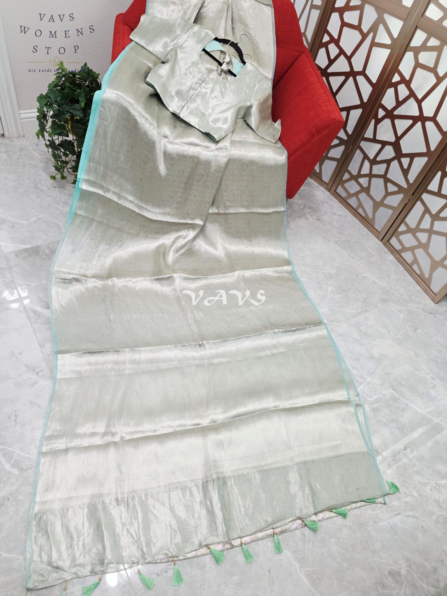 Moonlit Silver & Icy Mint Benarasi Brocade Style Tissue Saree with Stitched Blouse Size 40–46