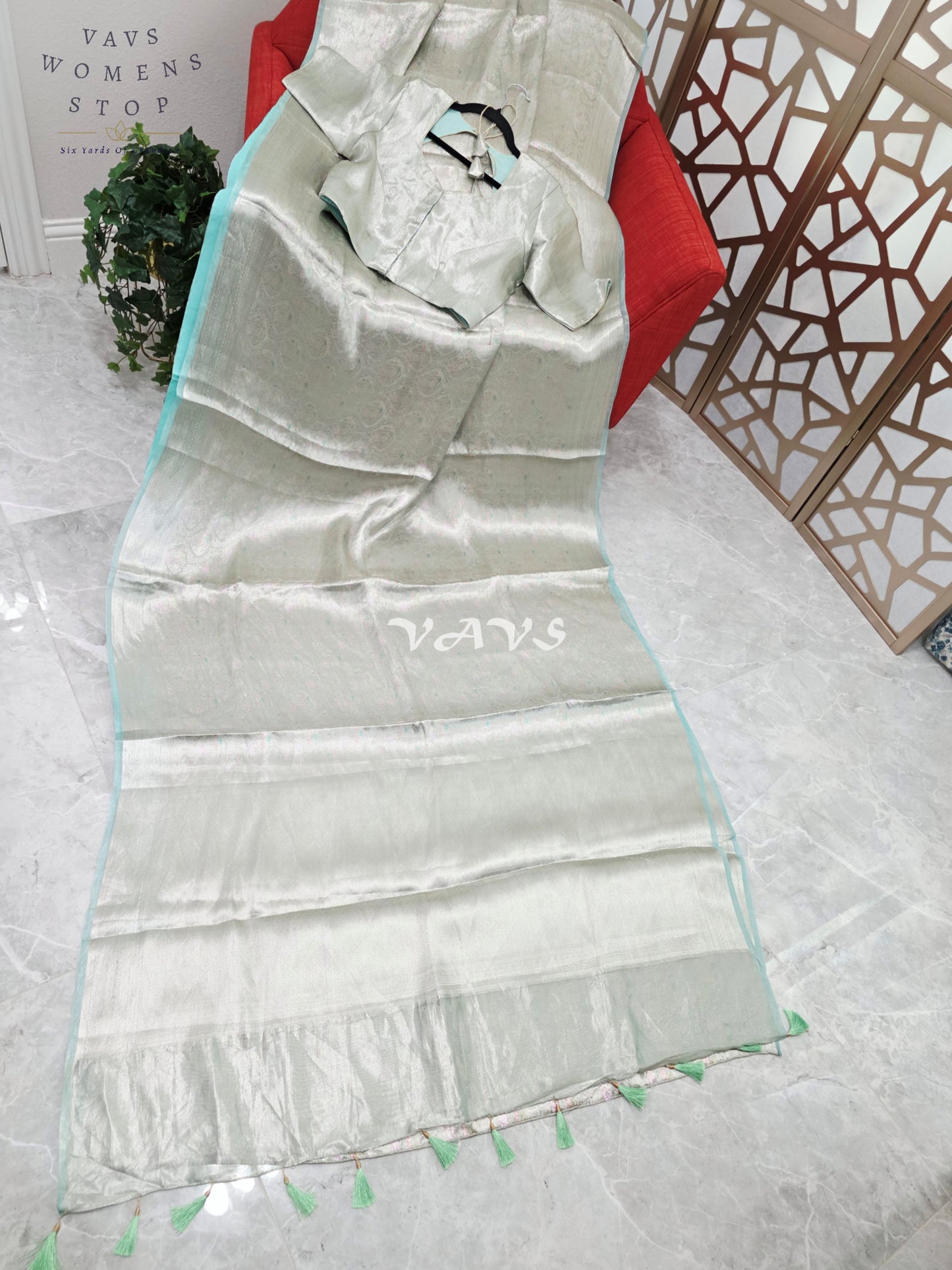 Moonlit Silver & Icy Mint Benarasi Brocade Style Tissue Saree with Stitched Blouse Size 40–46