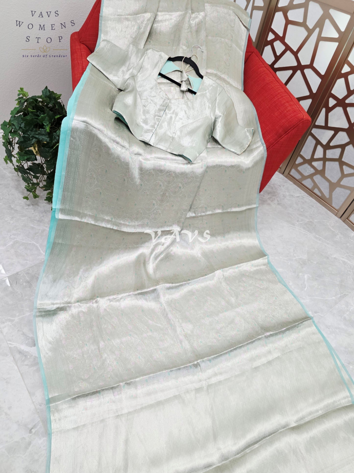 Moonlit Silver & Icy Mint Benarasi Brocade Style Tissue Saree with Stitched Blouse Size 40–46