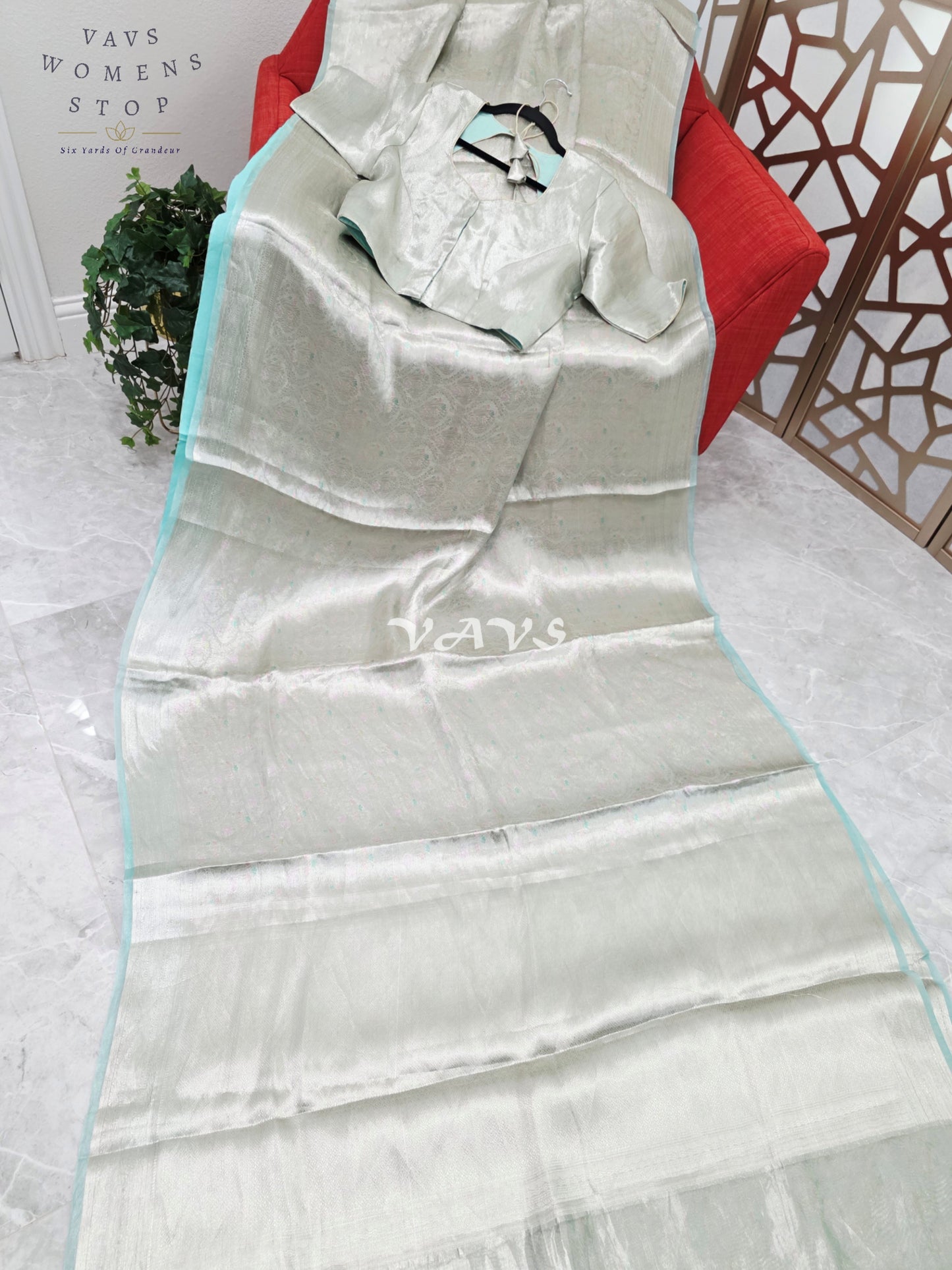 Moonlit Silver & Icy Mint Benarasi Brocade Style Tissue Saree with Stitched Blouse Size 40–46
