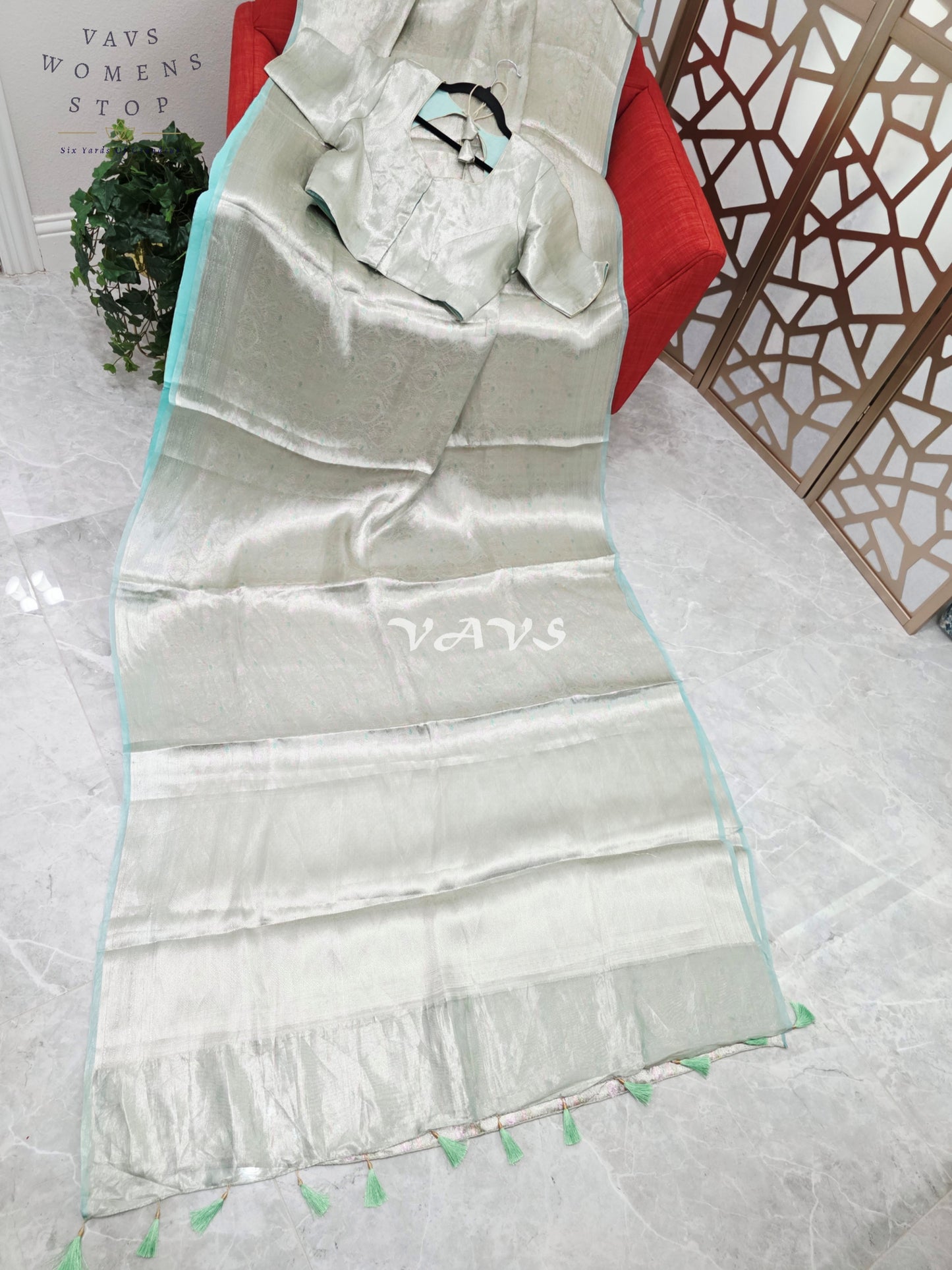 Moonlit Silver & Icy Mint Benarasi Brocade Style Tissue Saree with Stitched Blouse Size 40–46