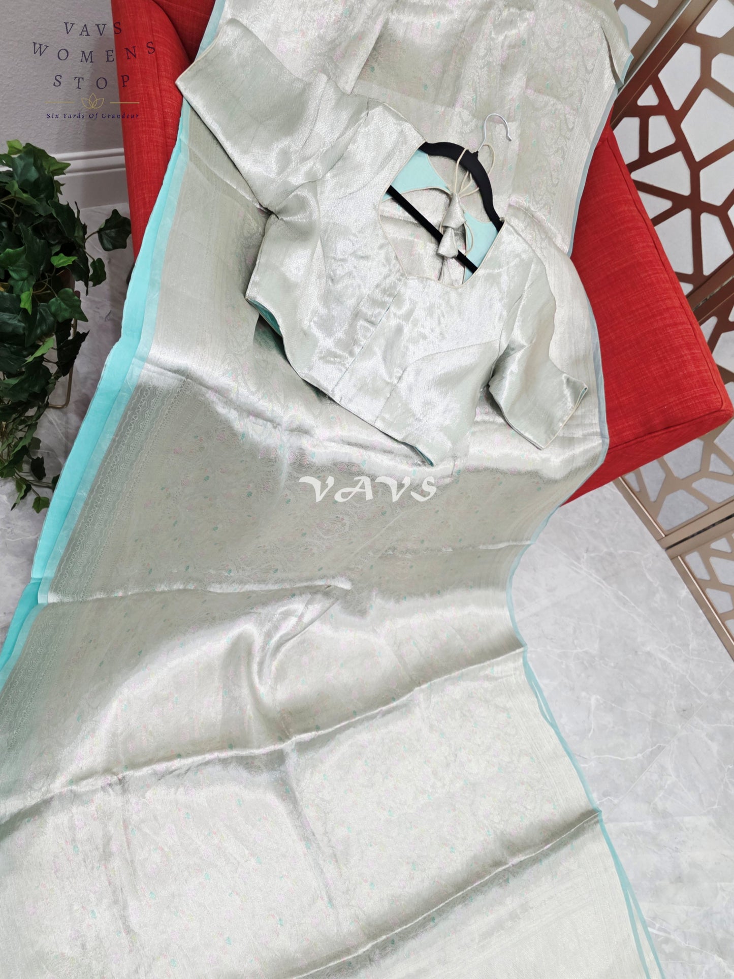 Moonlit Silver & Icy Mint Benarasi Brocade Style Tissue Saree with Stitched Blouse Size 40–46